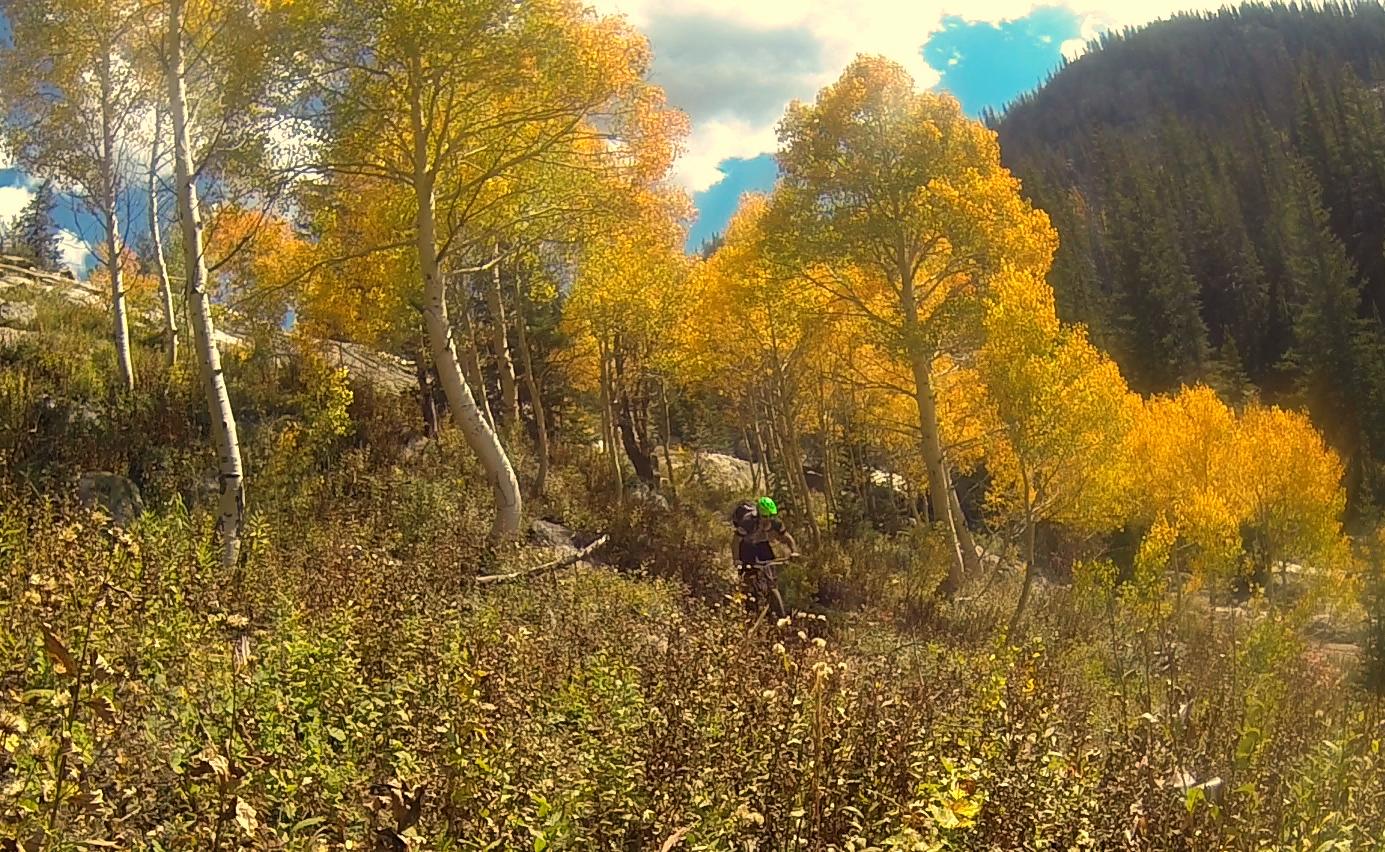 A scenic view of a mountain trail, featuring vibrant autumn-colored aspen trees with bright yellow leaves. A person in a green helmet and dark clothing is seen exploring the path amidst the lush greenery and rocky terrain, under a partly cloudy sky. Fish Creek Falls mountain bike trail.