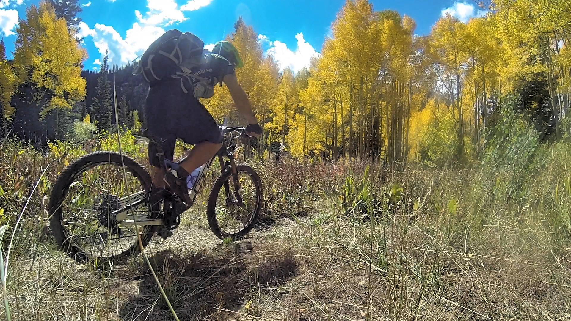 A mountain biker riding through a grassy path surrounded by vibrant fall foliage and trees, with a clear blue sky and fluffy white clouds in the background. Fish Creek Falls mountain bike trail.