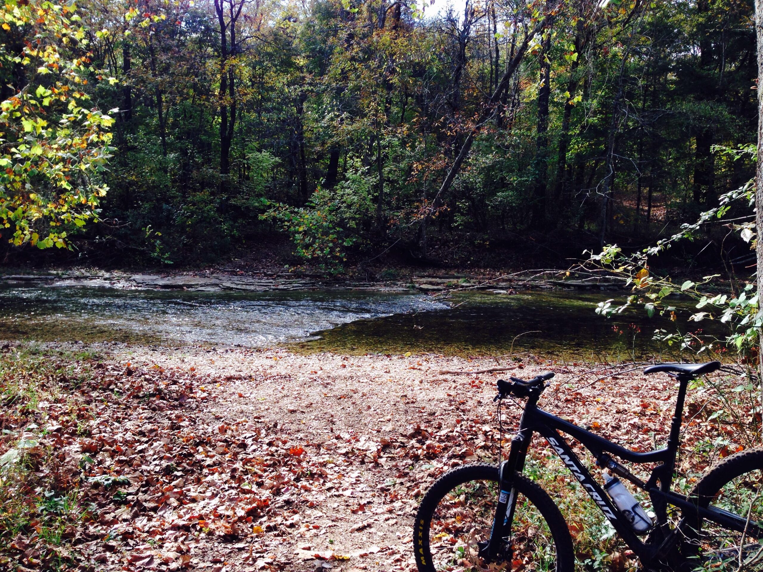 A mountain bike parked on a pathway covered with autumn leaves, beside a tranquil stream surrounded by lush green trees. The scene captures the beauty of nature in fall, with colorful foliage reflecting the changing seasons. Busiek State Forest mountain bike trail.