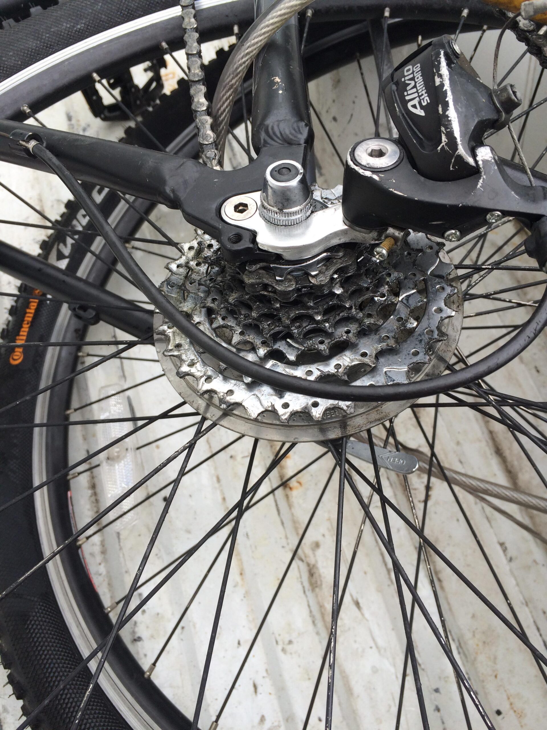 Trek 4300: Close-up view of a bicycle's rear wheel drivetrain, showcasing the cassette, derailleur, and chain. The image highlights the intricate components including the cassette's gears and the derailleur's positioning, focusing on the mechanical details of a mountain bike. The background features a textured surface in muted colors.