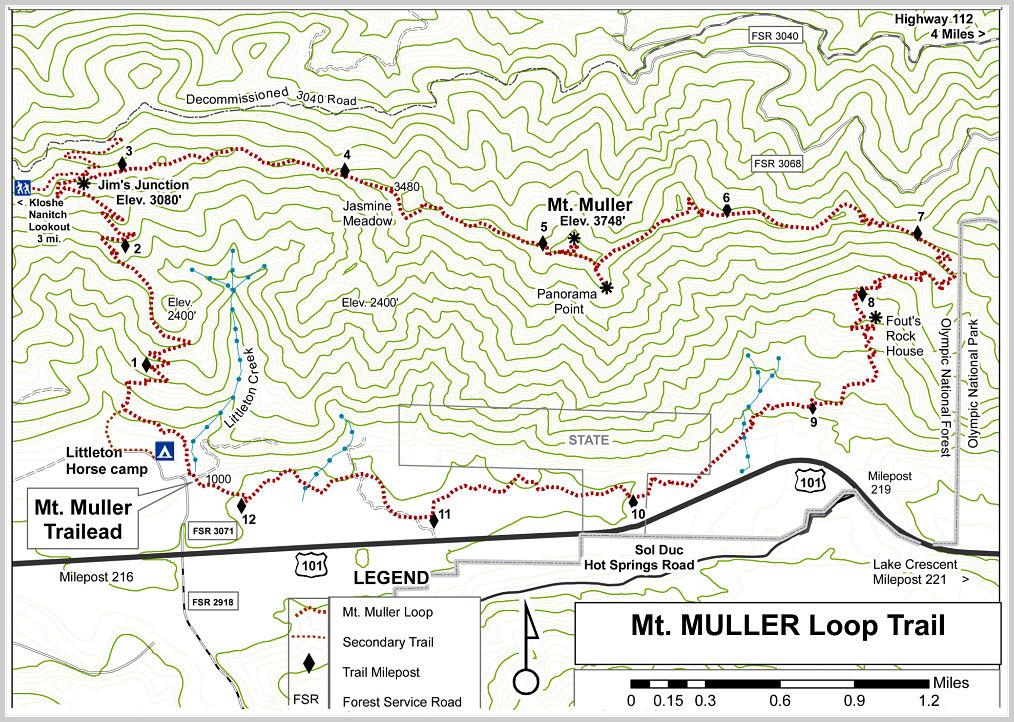 Map of the Mt. Muller Loop Trail, featuring topographic lines, trail markers, and key points of interest such as Jim