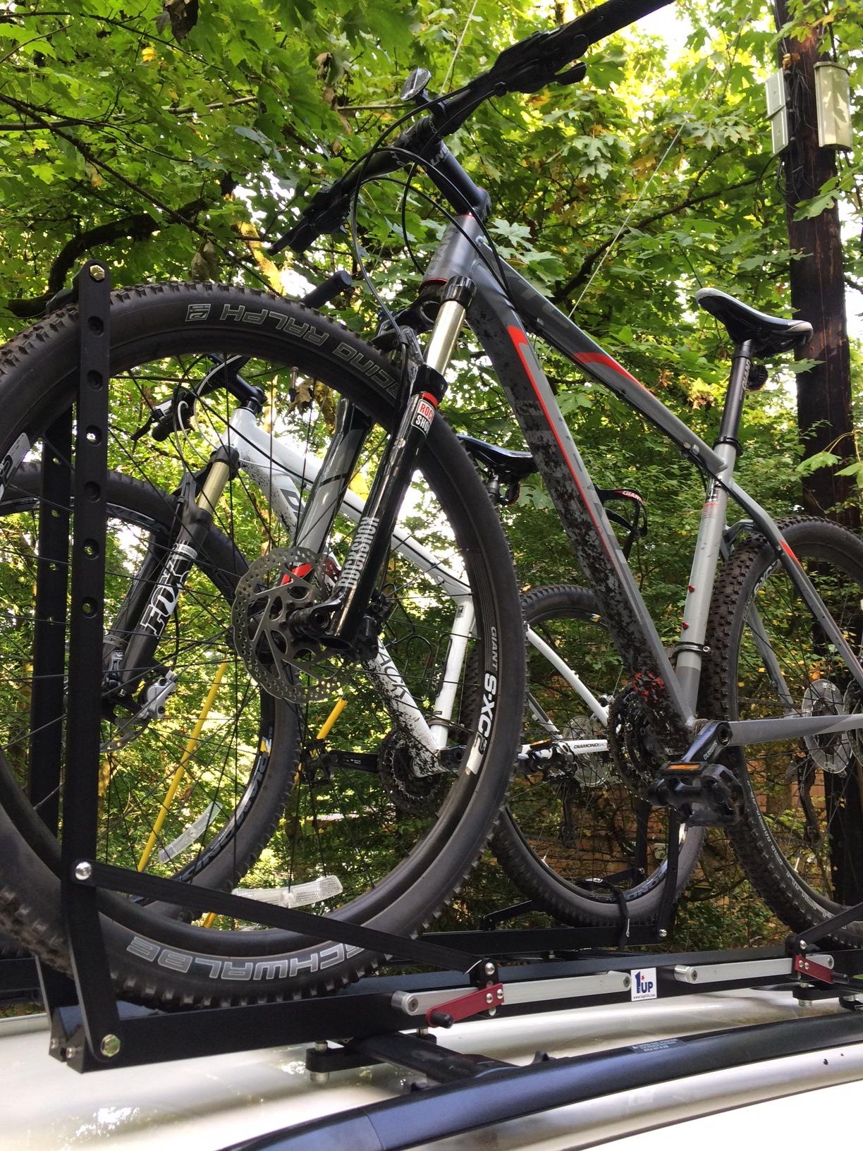 Giant XTC 29er 2: Two mountain bikes securely mounted on a roof rack, surrounded by green foliage. The bikes feature black and gray frames with visible tires, disc brakes, and handlebars. The scene is bright and sunny, showcasing a natural outdoor setting.