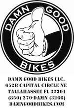 Logo for Damn Good Bikes featuring a thumbs-up graphic inside a circular design. The text includes the name "DAMN GOOD BIKES," the address "652B Capital Circle NE, Tallahassee FL 32301," and contact information with the phone number and website.