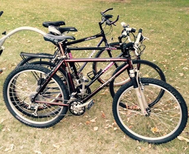 Trek 990: Two mountain bikes leaning against each other on grassy ground, one in a dark purple color with a silver front fork, and another bike in a black color with a silver frame. The setting includes fallen leaves scattered on the ground, suggesting an outdoor environment.