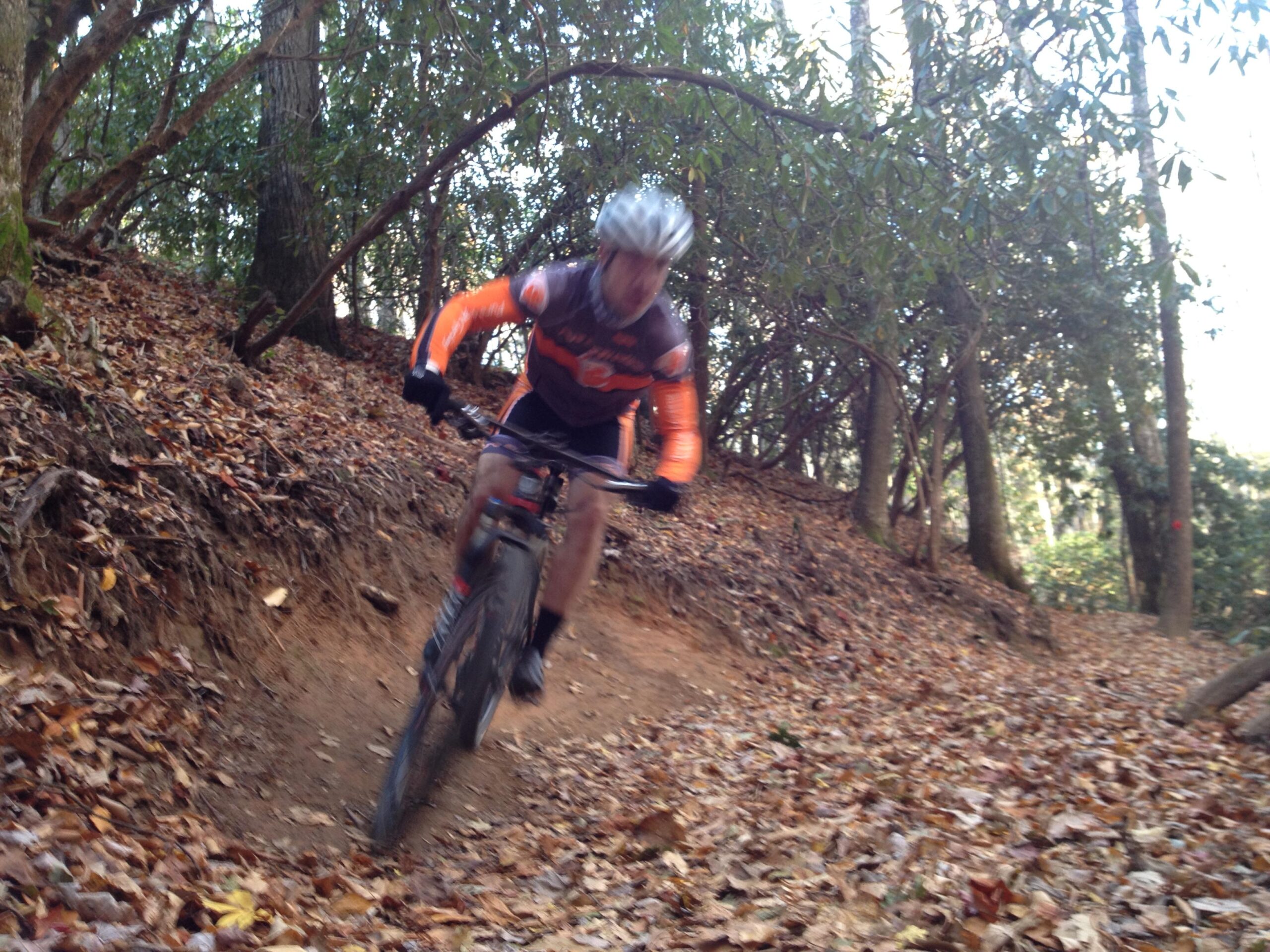 A mountain biker navigating a narrow dirt trail covered in leaves, surrounded by trees in a forest setting. The rider is leaning forward, showcasing dynamic movement as they speed through the winding path. Bracken Preserve mountain bike trail.