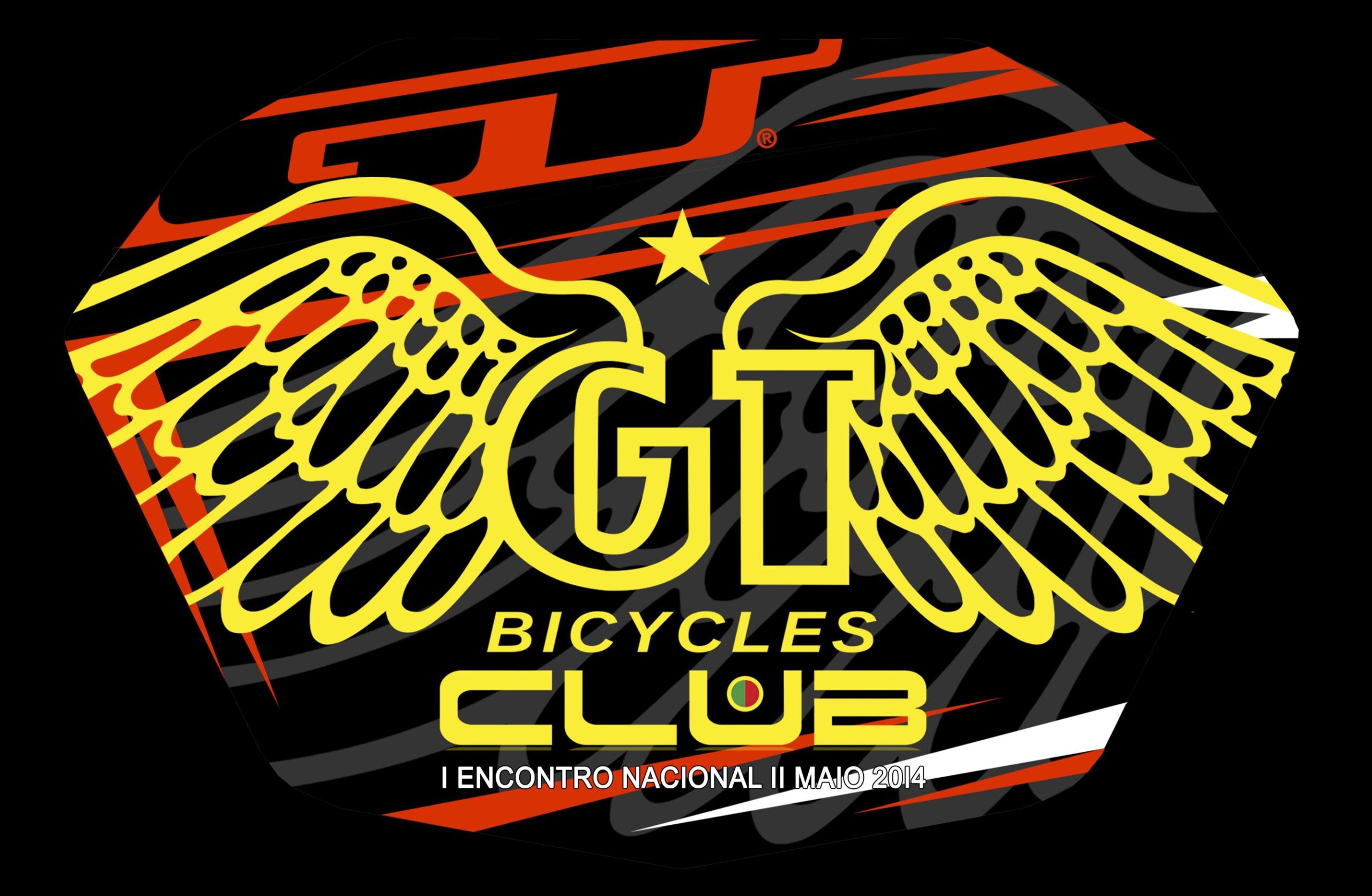 Logo of GT Bicycles Club featuring yellow wings and the text "GT BICYCLES CLUB" prominently displayed. The design includes a black and red background with the phrase "I ENCONTRO NACIONAL II MAJO 2014" at the bottom.