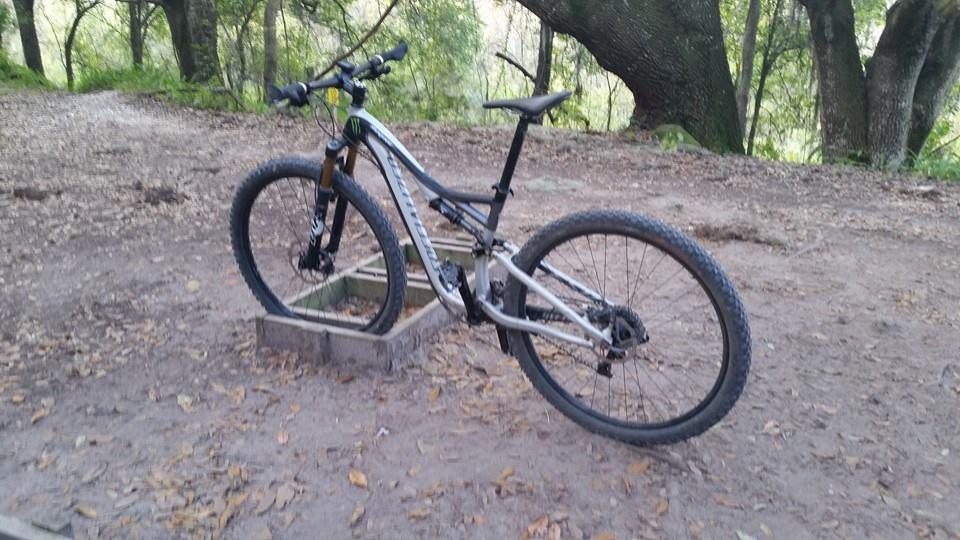 Mountain bike resting on a wooden support in a forested area, surrounded by dirt and leaves, with trees in the background. Balm Boyette Scrub Preserve mountain bike trail.