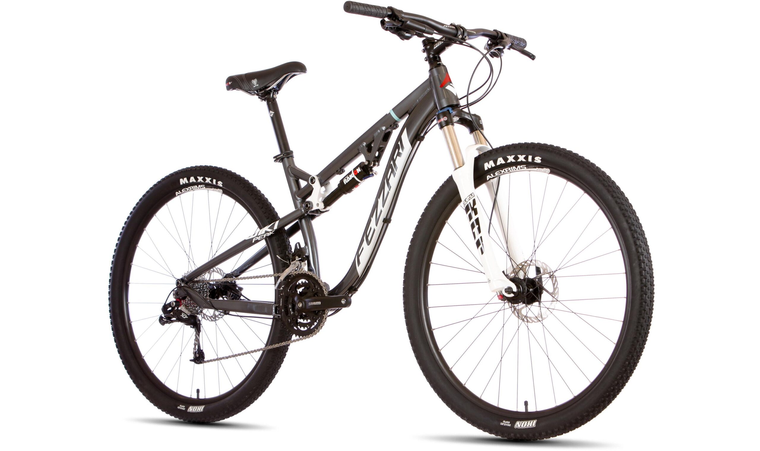 Fezzari Wiki Peak: A modern mountain bike featuring a sleek black and white frame with the brand name "Fezzari" prominently displayed. The bike has front suspension, wide tires marked "Maxxis," and a variety of gears, making it suitable for off-road trails and rugged terrain.