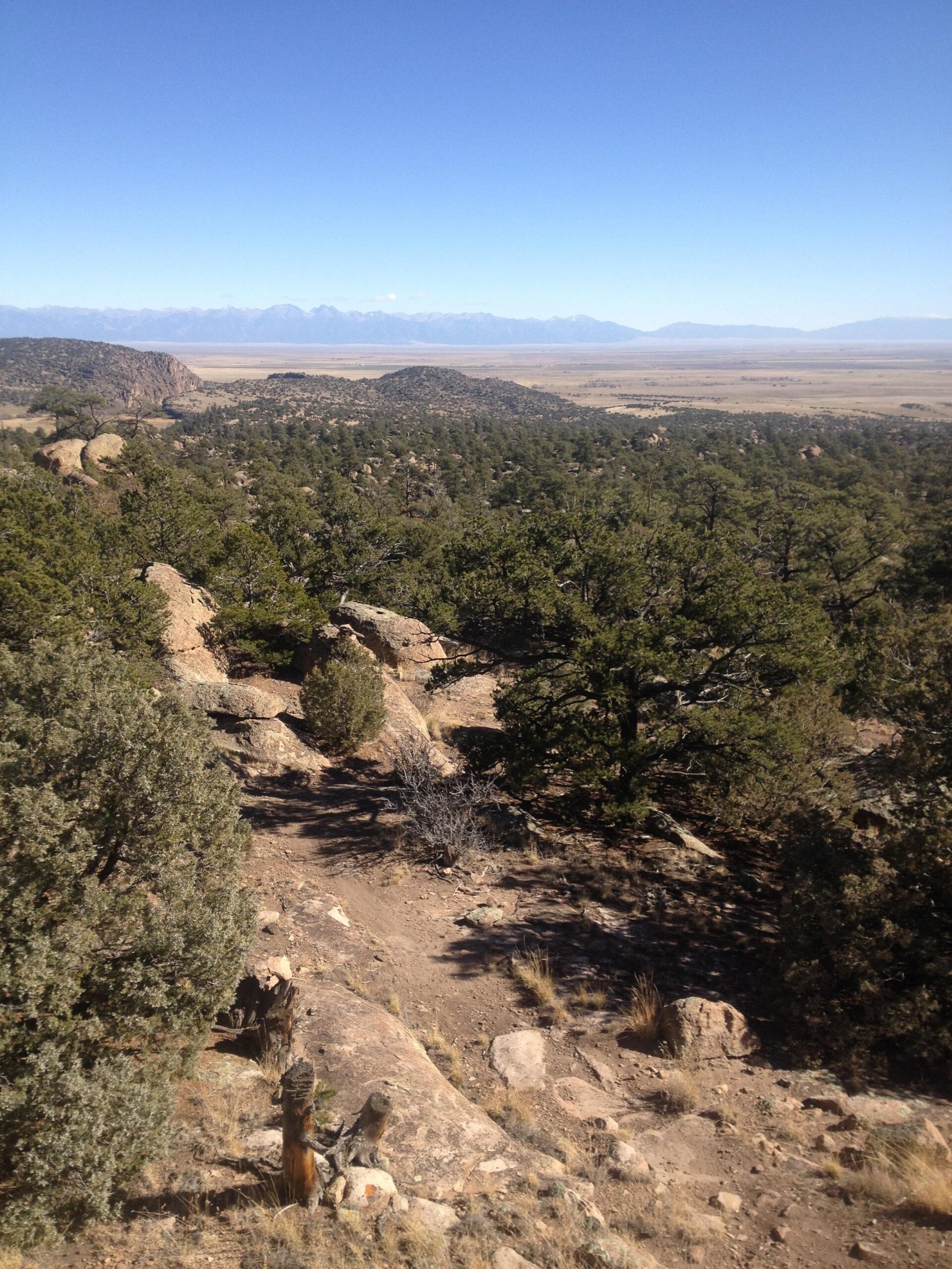 A panoramic view of a mountainous landscape featuring rocky terrain, green vegetation, and a clear blue sky. In the distance, snow-capped mountains can be seen, with a vast valley stretching out below. The foreground includes various types of trees and boulders. Penitente Canyon mountain bike trail.