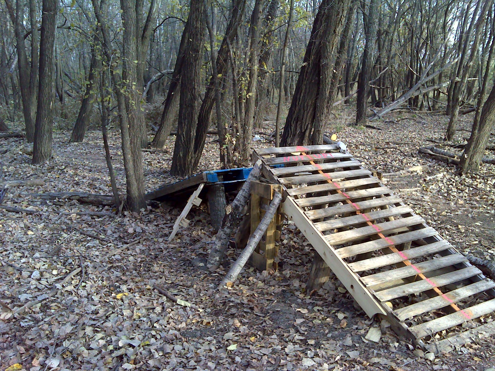 A makeshift wooden ramp made from pallets, positioned in a wooded area covered with fallen leaves. Surrounding trees are bare, indicating it is likely autumn. The ramp features some painted markings and is supported by additional wooden structures. ESU Trail mountain bike trail.