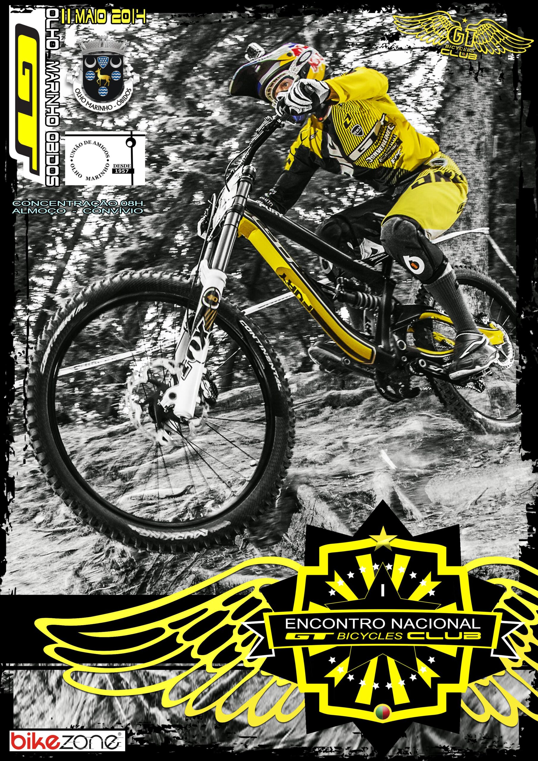 A mountain biker in yellow and black gear expertly navigates a rocky trail on a sleek mountain bike. The background is a blurred forest scene, emphasizing the speed and action. The image features the logo of the GT Bicycles Club and text promoting the "I Encontro Nacional" event, with sponsorship details visible at the bottom.