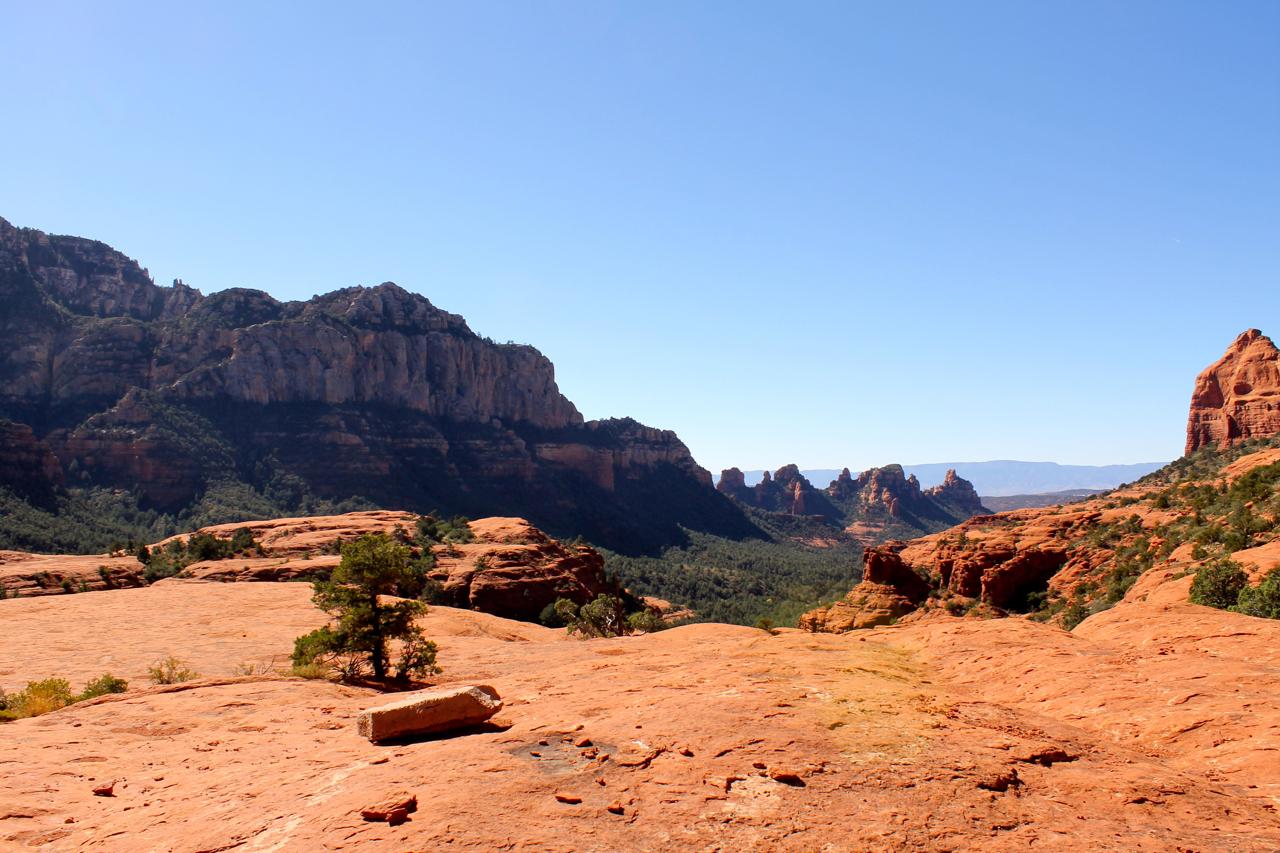 A panoramic view of a desert landscape featuring reddish rock formations and layers of rocky hills under a clear blue sky. Small trees are scattered across the terrain, and distant mountains rise in the background, showcasing the natural beauty of the area. Hangover mountain bike trail.