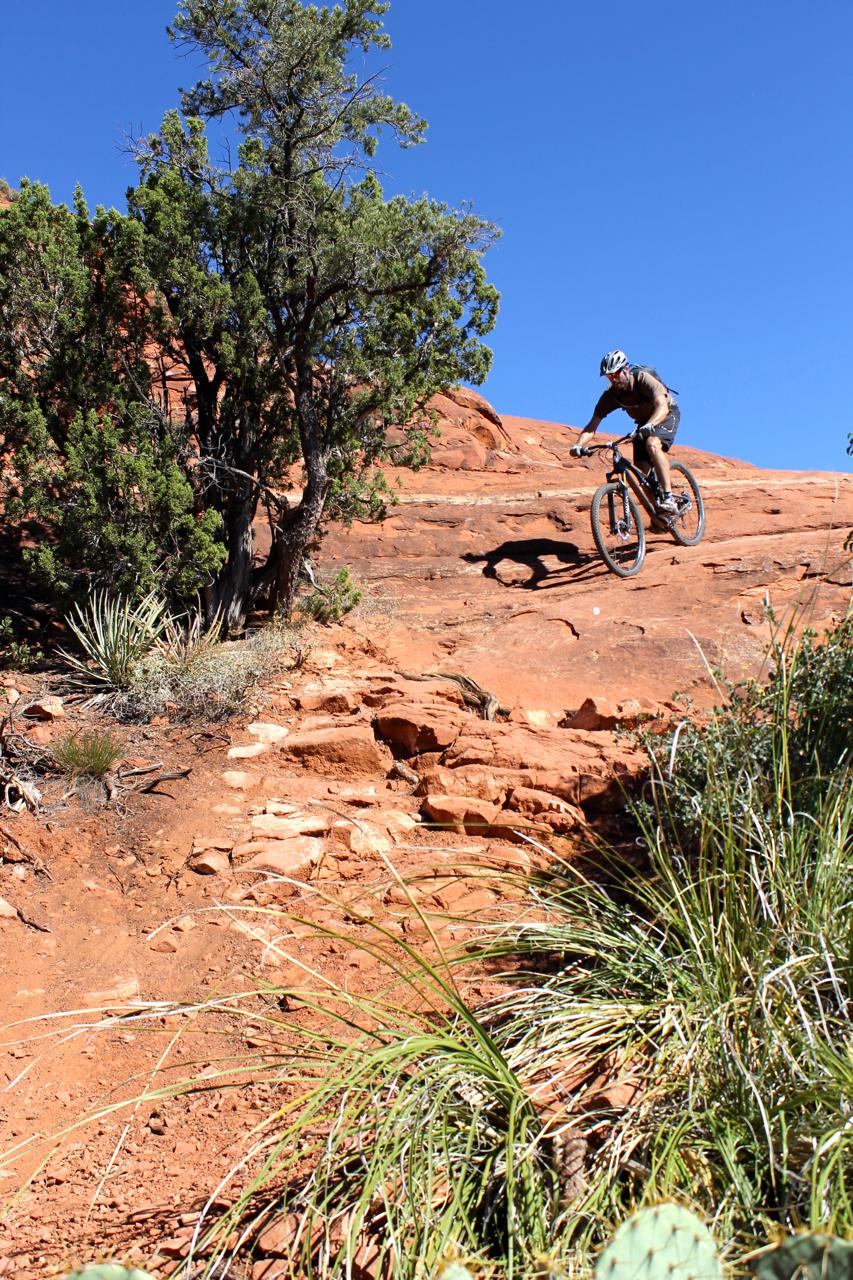 A mountain biker navigating a rocky terrain with red sandstone under a clear blue sky, surrounded by desert vegetation including shrubs and grasses. Hiline mountain bike trail.