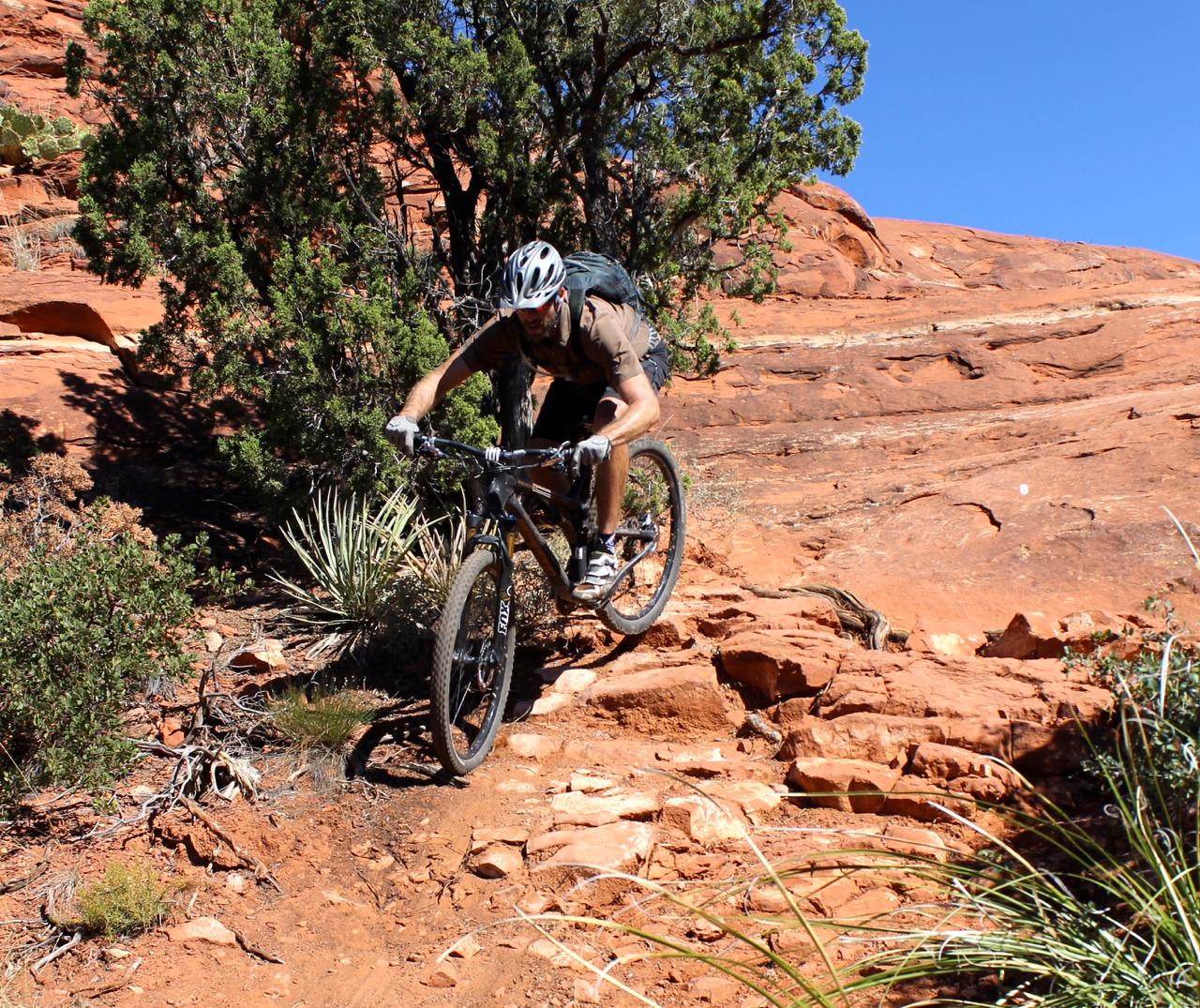 A mountain biker descends a rocky trail surrounded by lush vegetation and red rock formations under a clear blue sky. The cyclist wears a helmet and a backpack, demonstrating skill as he navigates the rugged terrain. Hiline mountain bike trail.