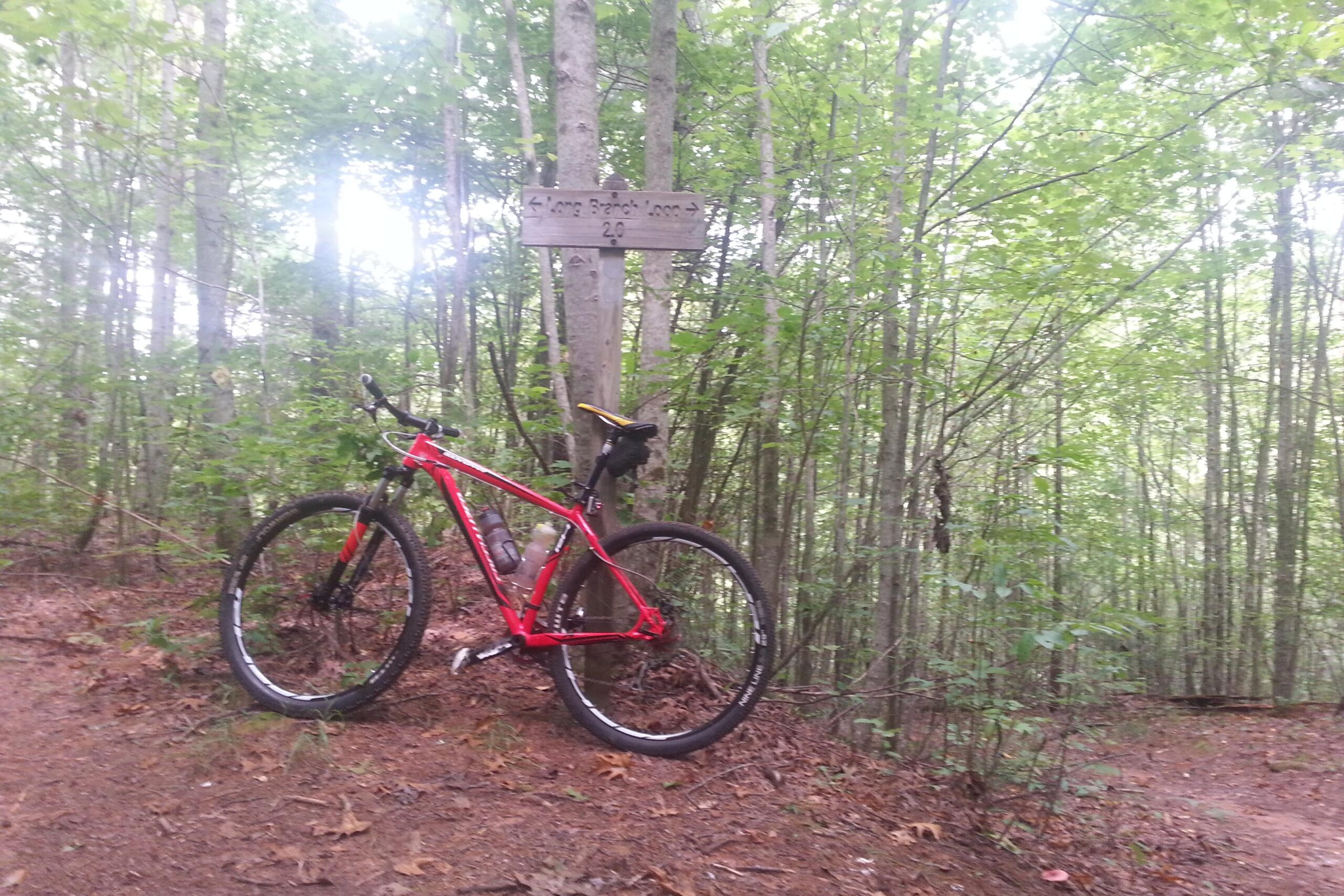 A red mountain bike resting against a wooden trail sign in a lush green forest, with trees surrounding a dirt path. The sign indicates directions for the Long Branch Loop trail. Aska Trail System mountain bike trail.