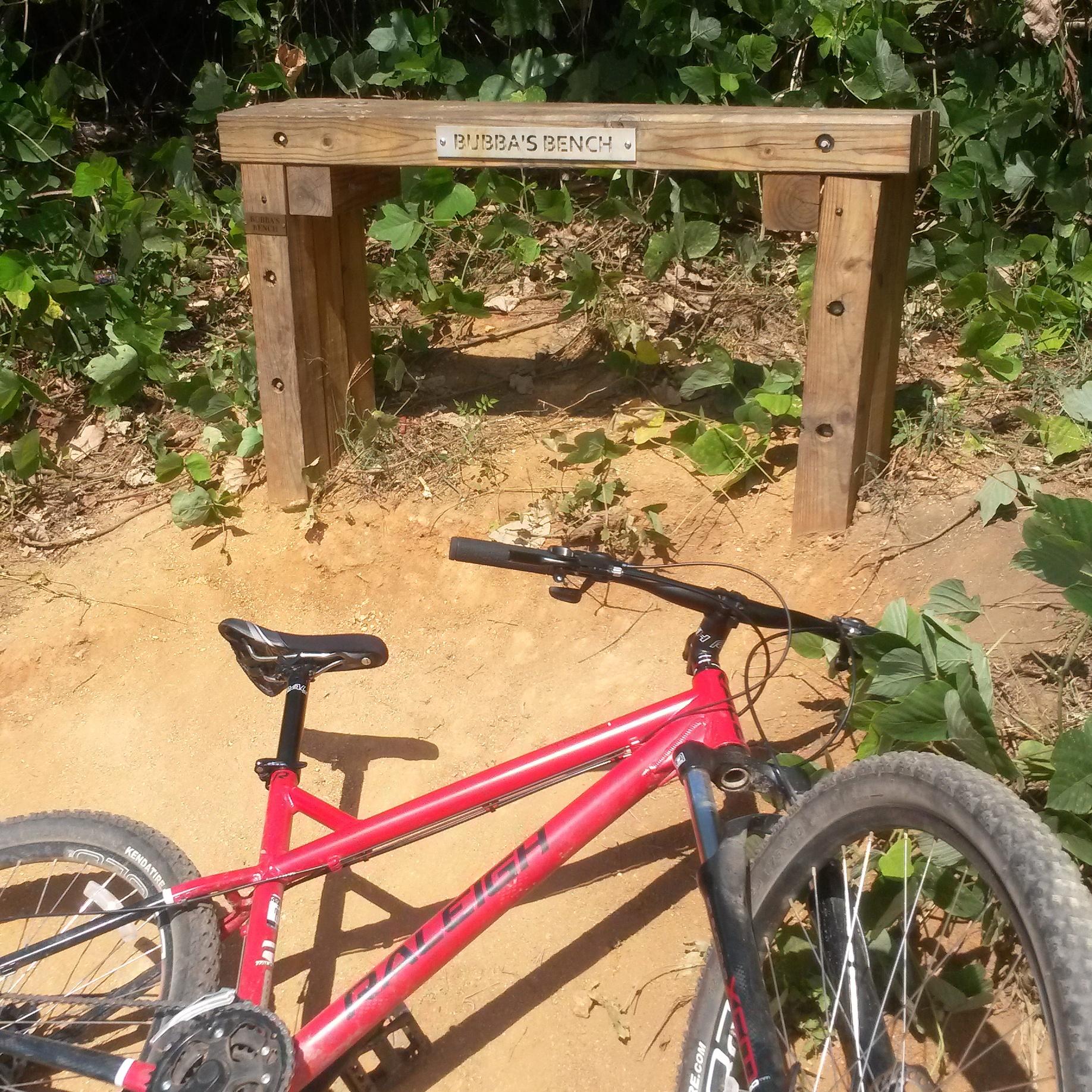 Raleigh Tokul 27.5: A wooden bench labeled "Bubba