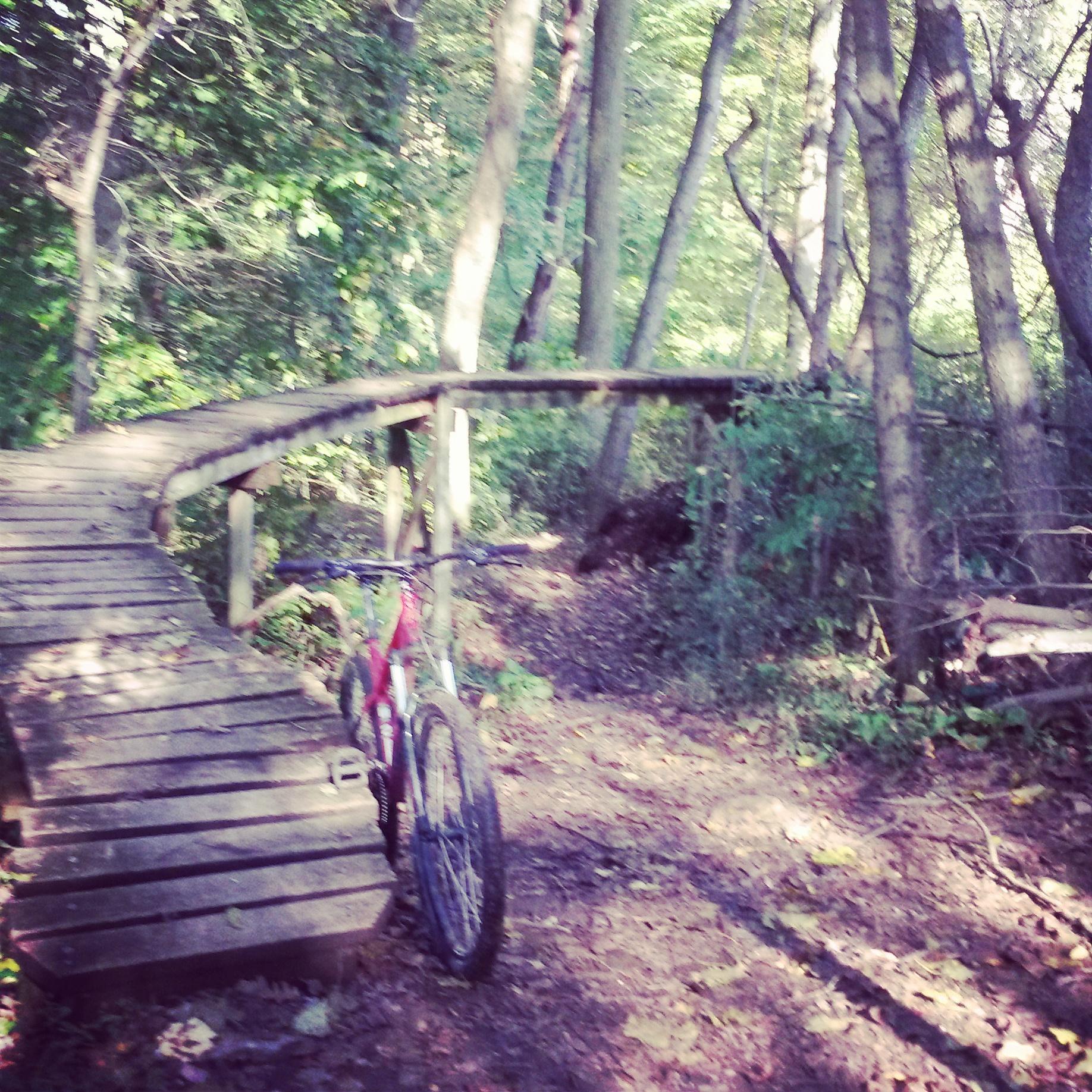 A mountain bike leaning against a wooden bridge alongside a dirt path in a forested area, surrounded by trees and fallen leaves. White Clay Creek mountain bike trail.