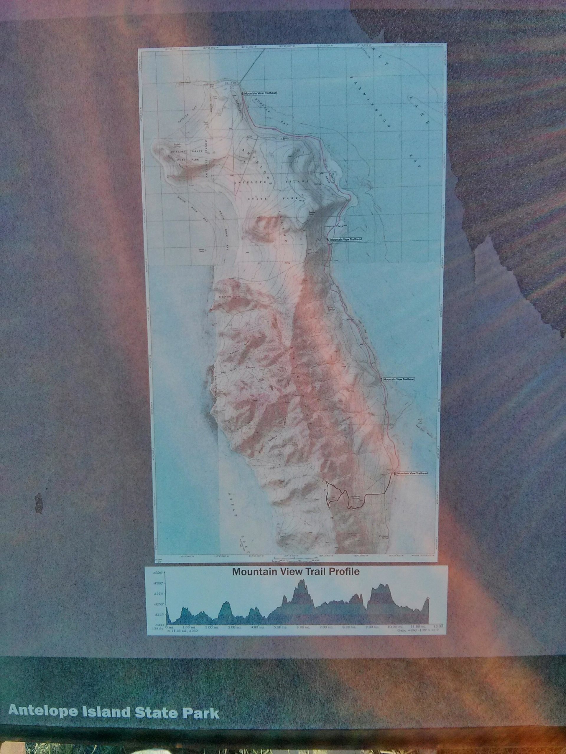 Map of Antelope Island State Park showing topographical features and the Mountain View Trail profile, including labeled elevation changes and water boundaries. Antelope Island mountain bike trail.