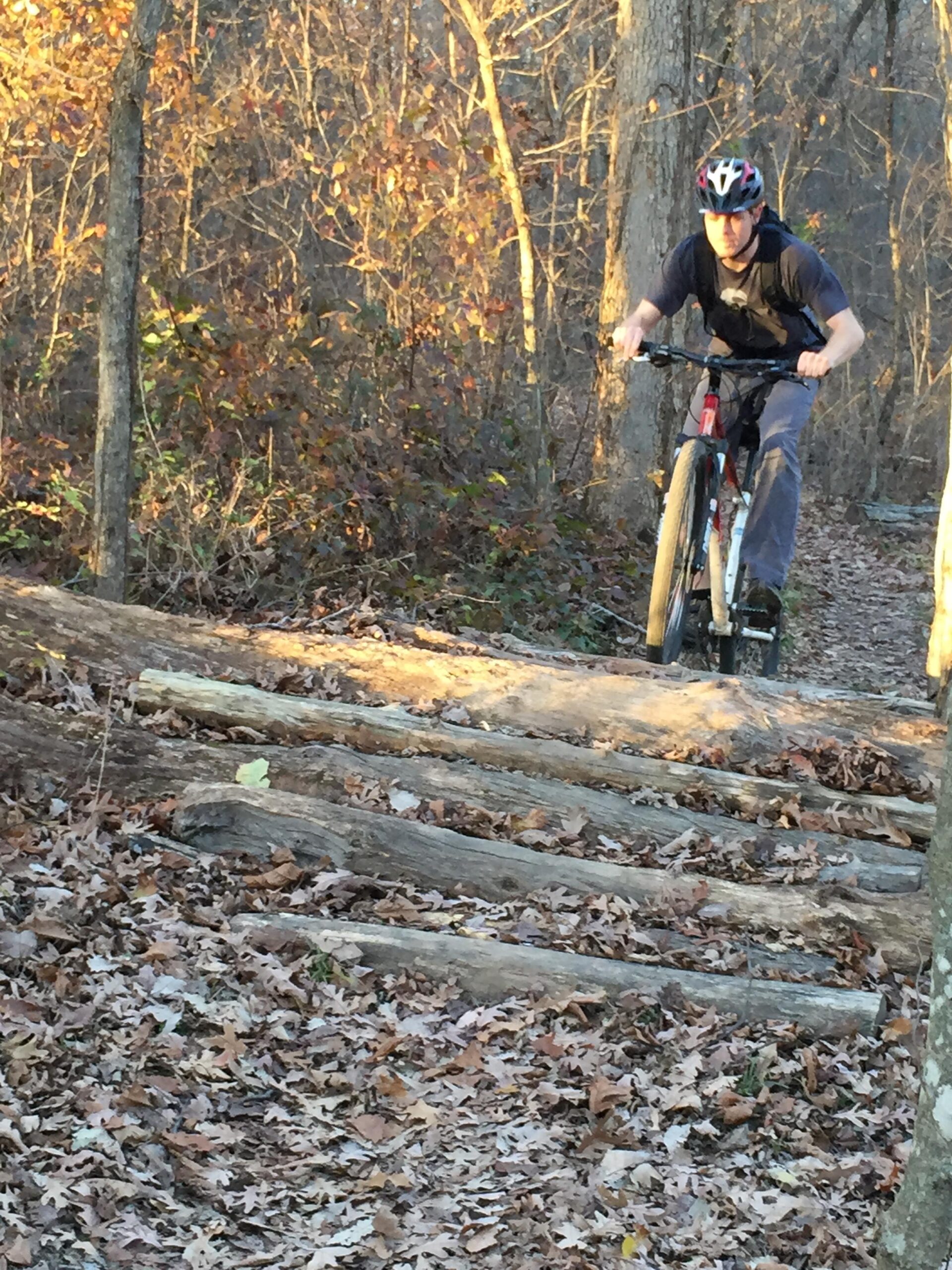 Kona Kahuna: A person riding a mountain bike on a wooded trail, navigating over a series of wooden logs. The scene is set in a forest during autumn, with fallen leaves covering the ground and trees displaying autumn colors in the background. The cyclist is wearing a helmet and appears focused on the trail ahead.
