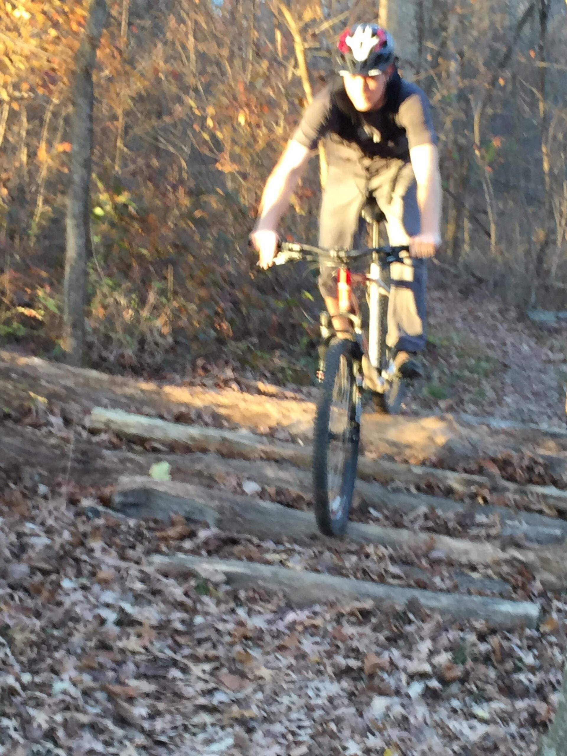 Kona Kahuna: A mountain biker performing a jump on a trail amidst a forested setting with autumn foliage. The cyclist wears a helmet and casual biking attire, while navigating over wooden obstacles and fallen leaves on the ground.