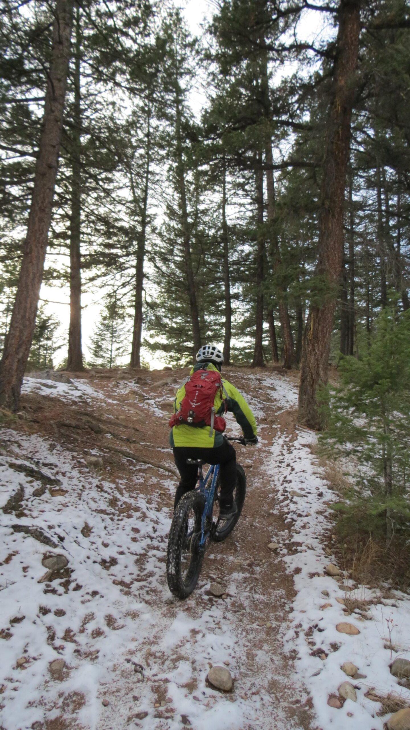 A cyclist riding a blue fat bike on a snowy trail surrounded by tall pine trees. The rider is wearing a bright green jacket and a red backpack, navigating a winding path in a wooded area. The ground is covered with patches of snow and rocky terrain, reflecting an outdoor adventure in a natural setting. Pyramid Bench mountain bike trail.