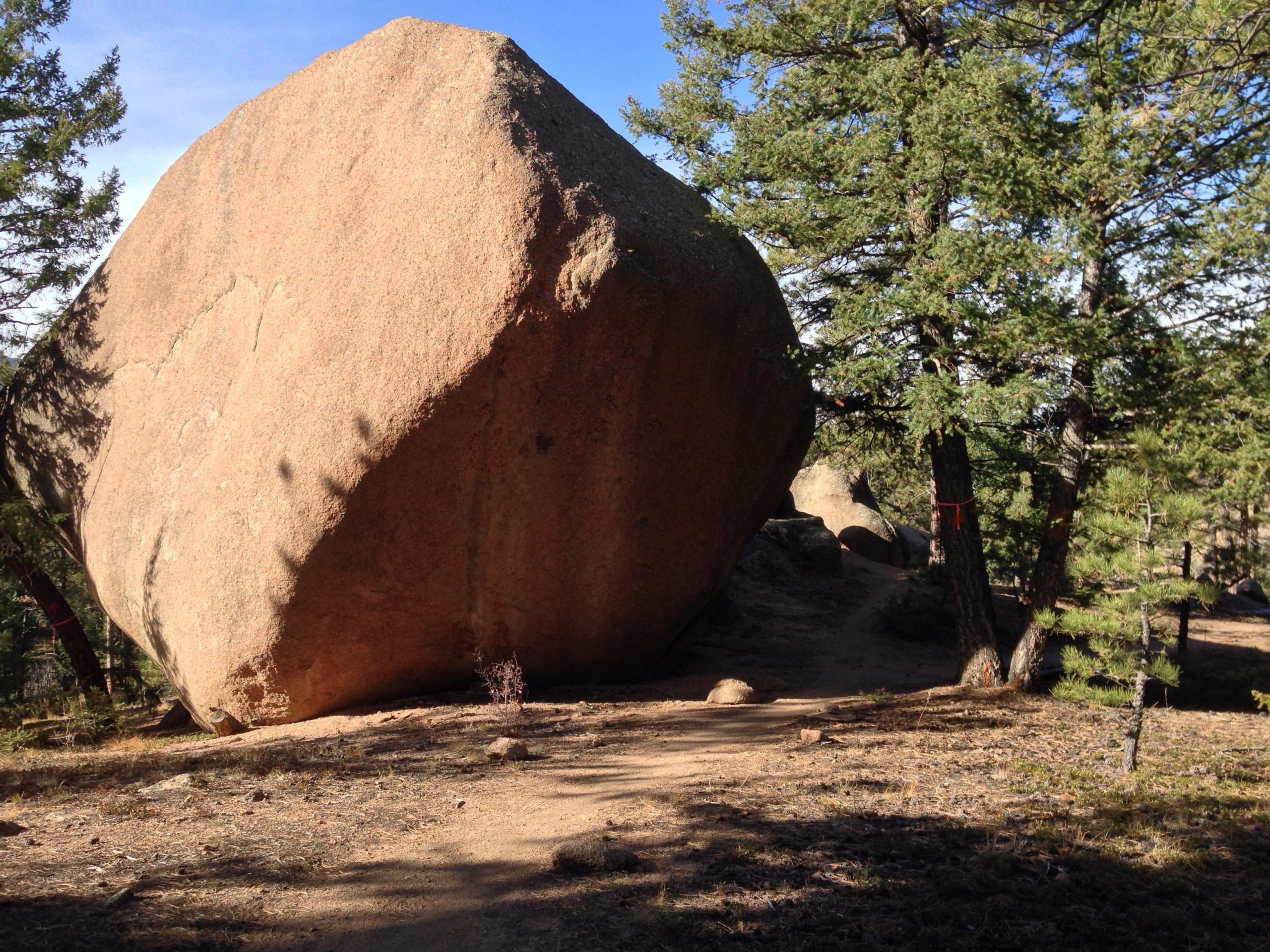 A large, rounded boulder stands prominently amidst a forested area, surrounded by pine trees. The ground is sandy with a few scattered rocks and vegetation, and the sky is blue with some visible clouds. Little Scraggy mountain bike trail.