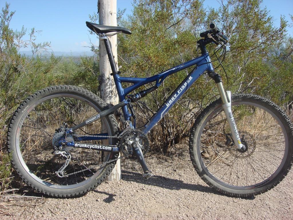 Gary Fisher HiFi Plus: A blue mountain bike leaning against a wooden post in a rocky, shrub-filled terrain. The bike features thick tires and a lightweight frame, suitable for off-road cycling.