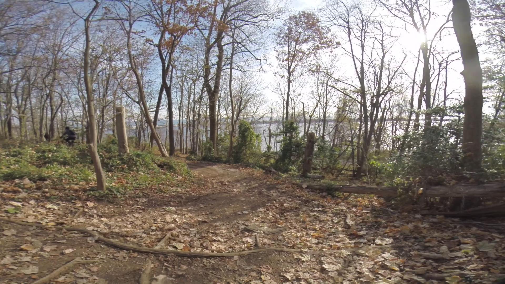 A winding dirt trail covered in fallen leaves, surrounded by trees with bare branches. A glimpse of water is visible in the background, partially obscured by vegetation. The scene captures a serene and natural setting, indicative of autumn. Hartshorne Woods Park mountain bike trail.