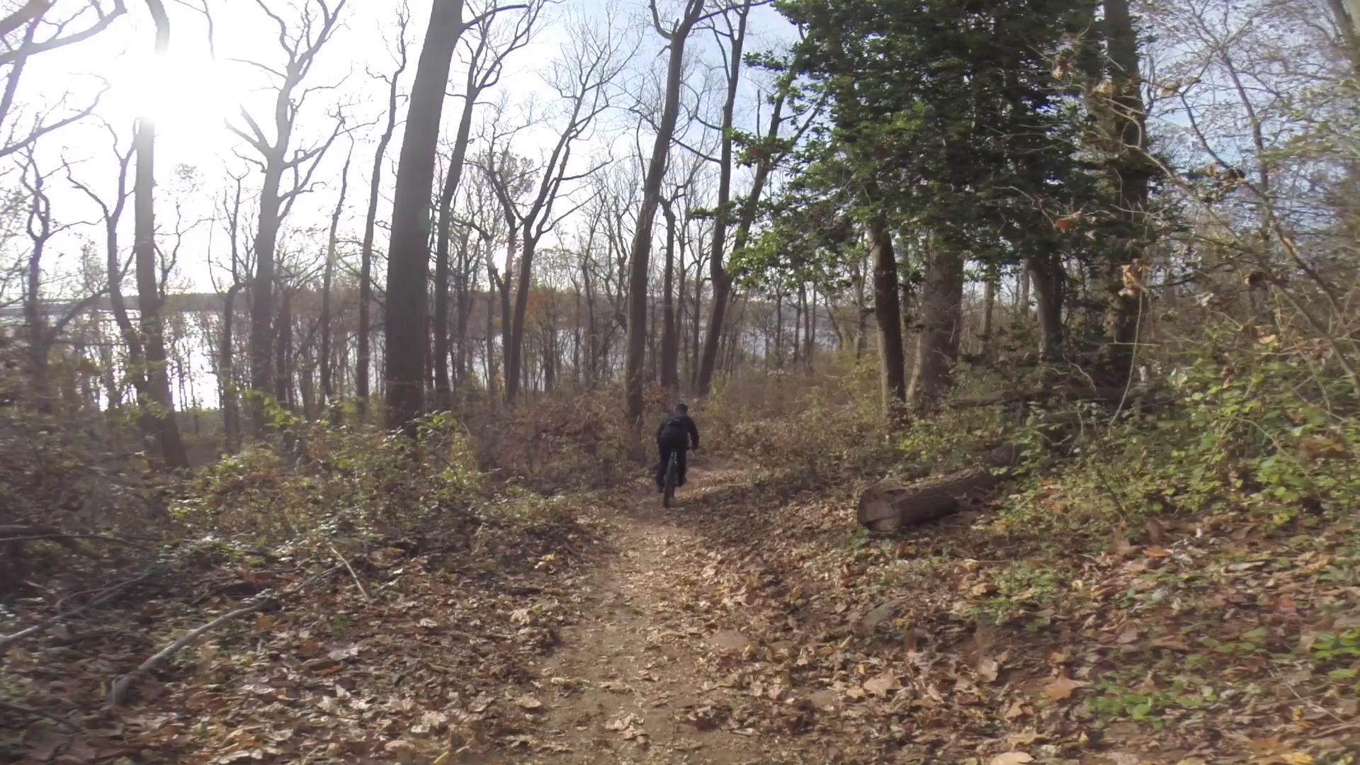 A person riding a bicycle along a dirt trail in a wooded area, surrounded by bare trees and scattered leaves on the ground. The trail leads towards a body of water in the background, with sunlight filtering through the branches. Hartshorne Woods Park mountain bike trail.
