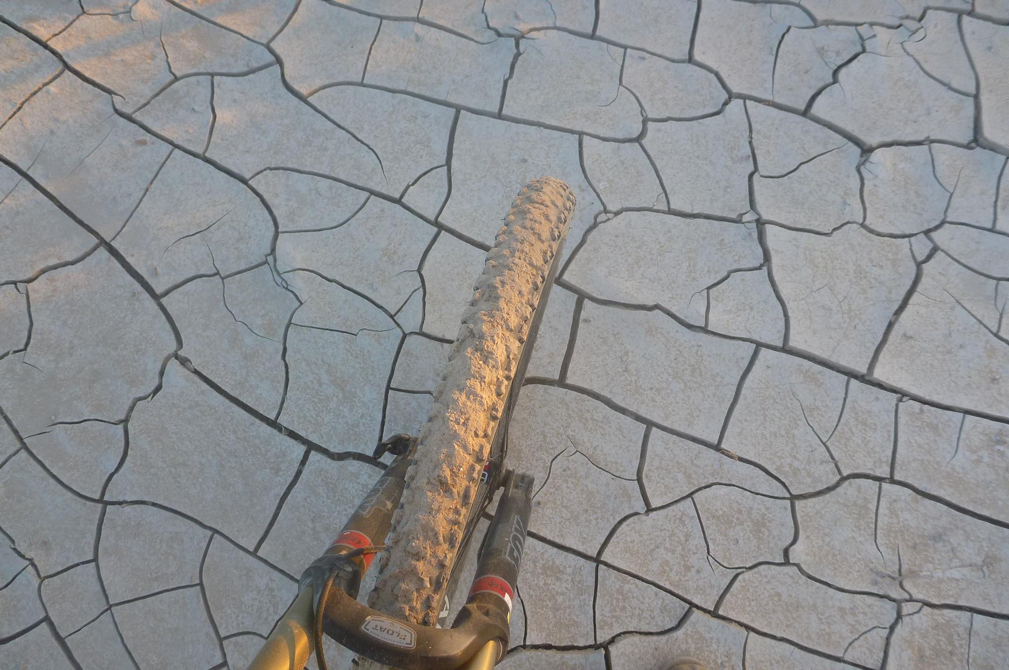 A close-up view of a mountain bike's front wheel on cracked, dry earth. The ground exhibits large, dry fissures, suggesting drought or arid conditions. The bike is positioned centrally in the image, showcasing its textured tire. Azadon Grande mountain bike trail.