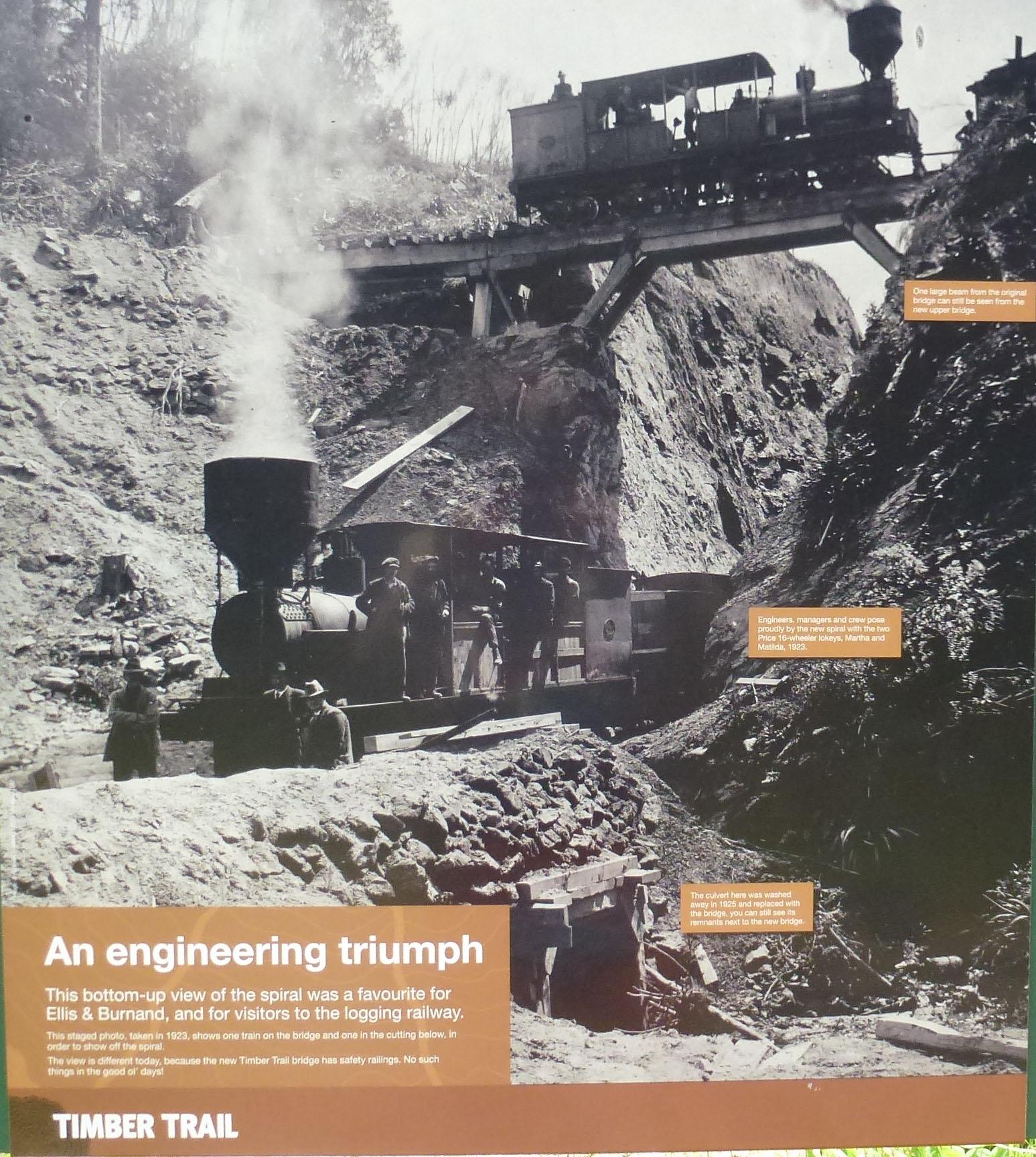 Black and white photograph depicting an early 20th-century logging railway scene. In the foreground, a steam locomotive releases smoke while several engineers and crew members pose for the camera. Above, a train travels on a wooden bridge constructed over a deep cutting in the terrain. The image captures the engineering achievement of the railway, with captions providing historical context about the bridge and its significance for logging operations. The Timber Trail mountain bike trail.