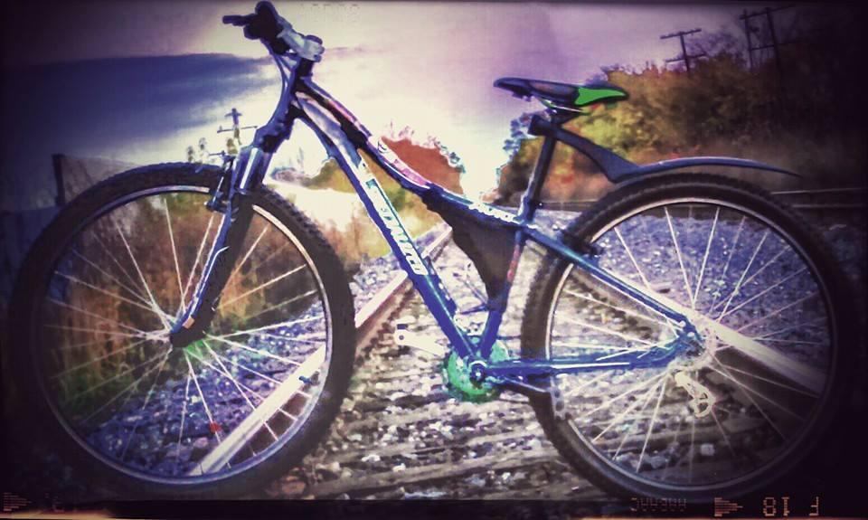 Specialized Ariel: A blue mountain bike with green accents is positioned on a railway track, surrounded by overgrown grass and shrubs. The scene is slightly blurred with a dramatic backdrop of a cloudy sky, giving it a nostalgic or artistic effect.