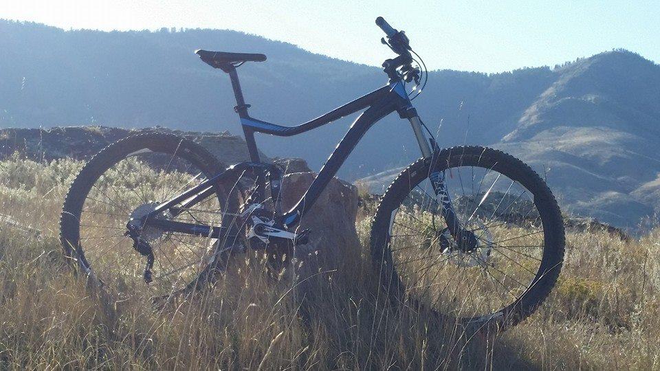 Giant Trance 2: A mountain bike leaning against a rock, surrounded by tall grass and set against a backdrop of rolling hills and a clear sky. The scene captures a tranquil outdoor setting ideal for cycling adventures.