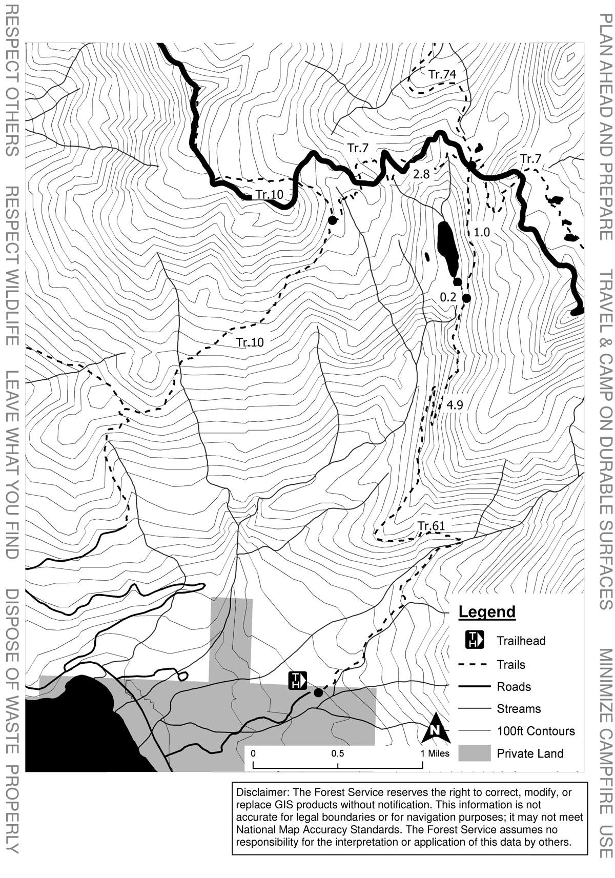 Altitude map showing trails, roads, streams, and contour lines in the area. Includes a legend indicating trailheads, trails, roads, streams, and private land, with distances marked in miles. A disclaimer notes potential inaccuracies in the map