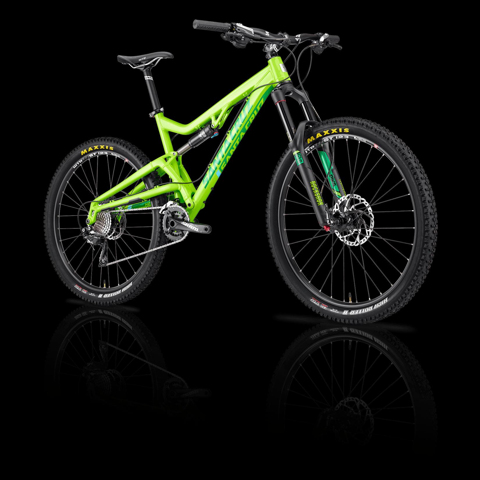 Santa Cruz Heckler: Alt text: A vibrant green mountain bike with a sleek design, featuring wide tires, disc brakes, and a shock-absorbing fork, displayed against a black background with a reflective surface.