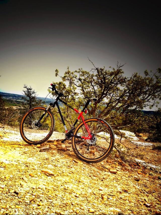 A black mountain bike with red accents is leaning against a small tree on a rocky, dirt trail. In the background, a scenic view of rolling hills and distant landscapes is visible under a bright sky. The setting suggests a rugged outdoor environment suitable for mountain biking. Ute Valley Park mountain bike trail.