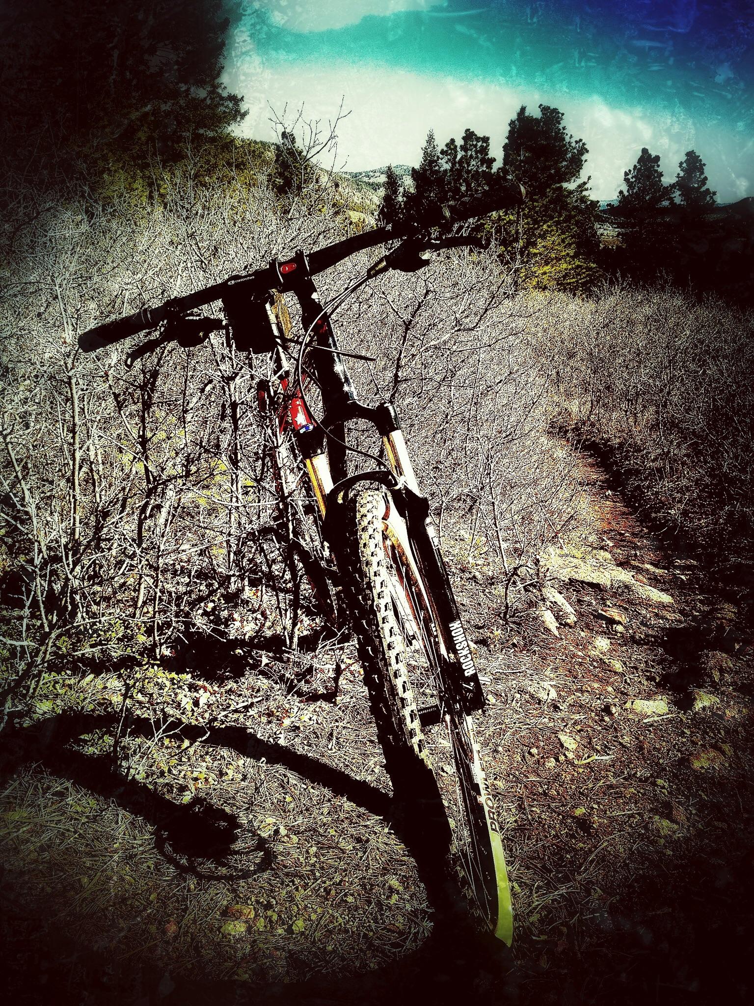 Charge Cooker 4: A mountain bike leaning against a sparse shrub near a rocky trail, surrounded by dry vegetation and distant trees under a blue sky.