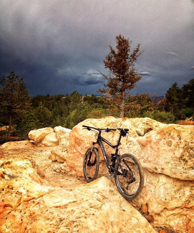 Trek Fuel EX 6 26: A mountain bike resting against a large rock, set against a dramatic sky with dark clouds and a backdrop of trees and hills. The scene captures a moment of anticipation in a natural setting, ideal for outdoor enthusiasts and nature lovers.