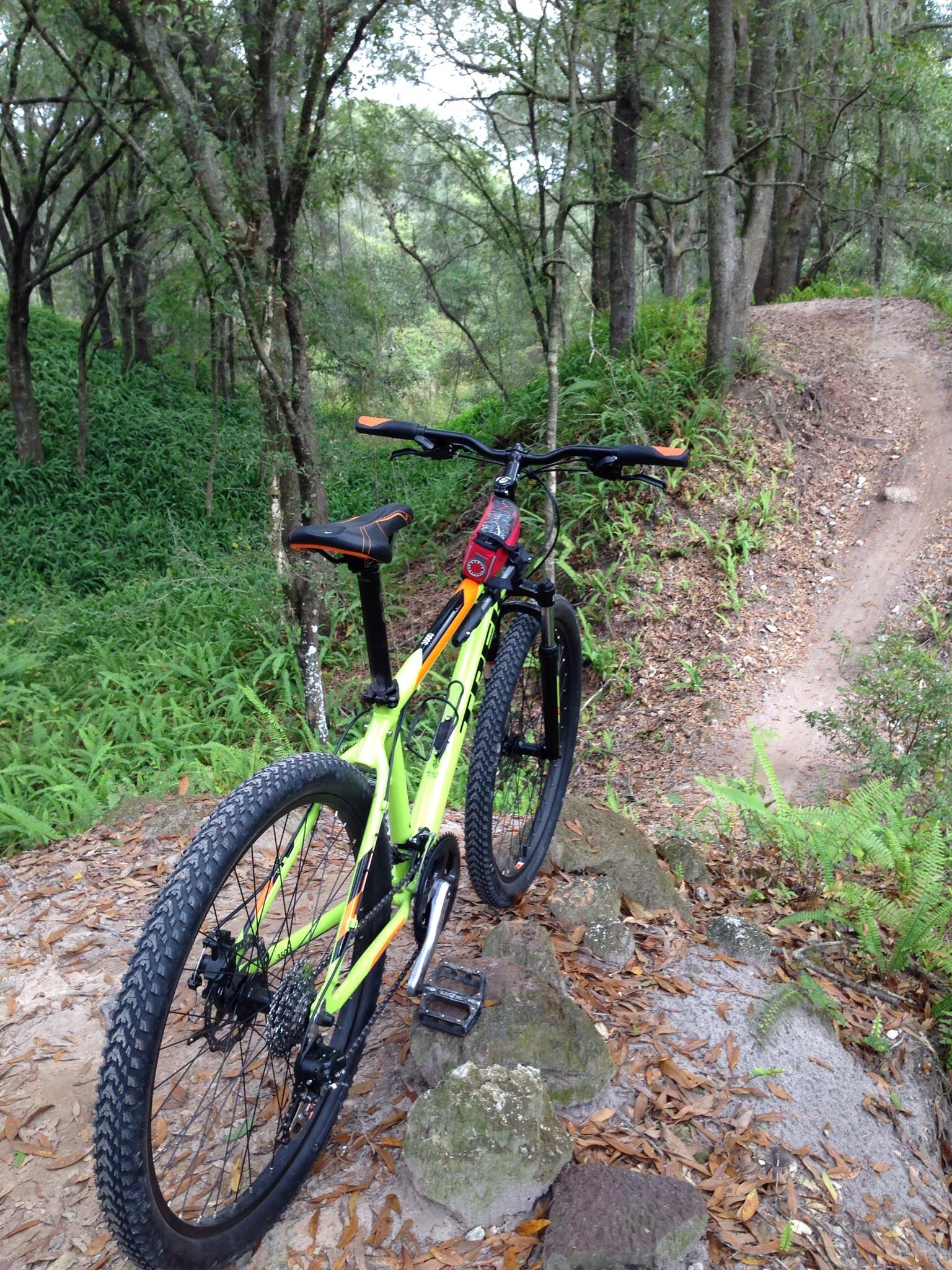 A bright green mountain bike rests on a rocky surface in a lush forested area. The bike is angled toward a dirt path that curves through the trees, surrounded by greenery and fallen leaves. Sunlight filters through the branches, creating a serene outdoor setting. Balm Boyette Scrub Preserve mountain bike trail.