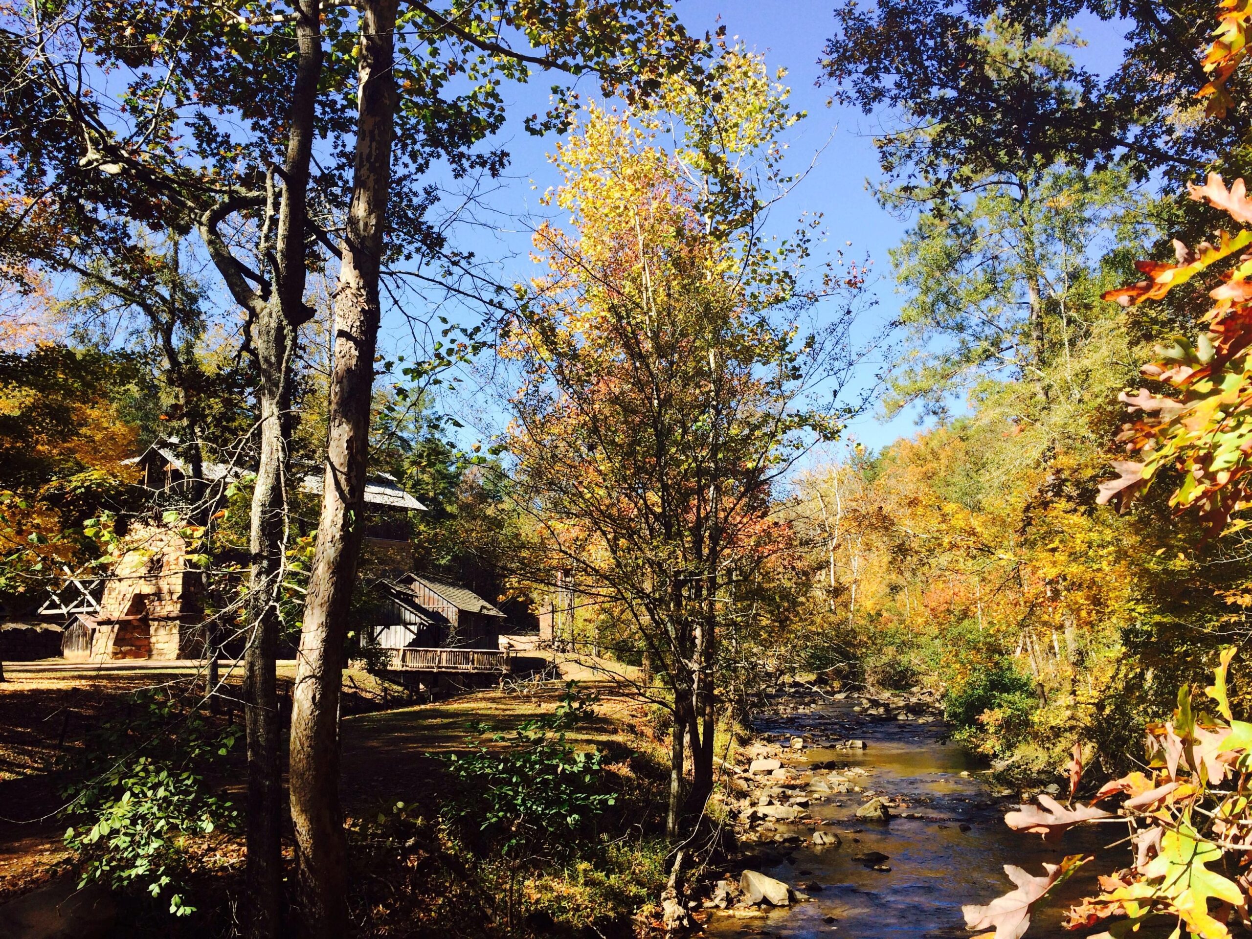 A scenic view of a peaceful stream surrounded by colorful autumn foliage, with a rustic wooden building partially visible near the water. The sky is clear and blue, enhancing the vibrant fall colors of the trees lining the banks. Tannehill Historic Ironworks State Park mountain bike trail.