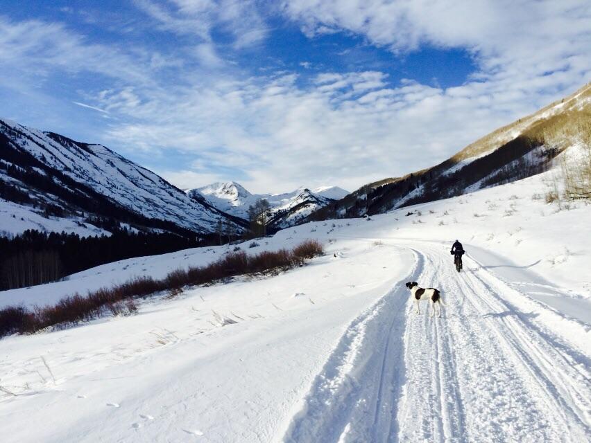 A snow-covered pathway winds through a mountain landscape, with a person riding a bicycle in the distance. A black and white dog walks along the path, surrounded by snowy hills and a blue sky dotted with clouds. Slate River Road mountain bike trail.