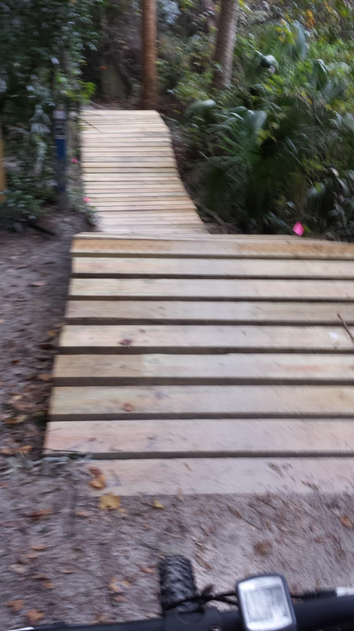 A wooden boardwalk leading through a lush green area with plants and trees on either side, captured from a low angle. The pathway appears slightly blurred, suggesting motion. Mount Dora Trail mountain bike trail.
