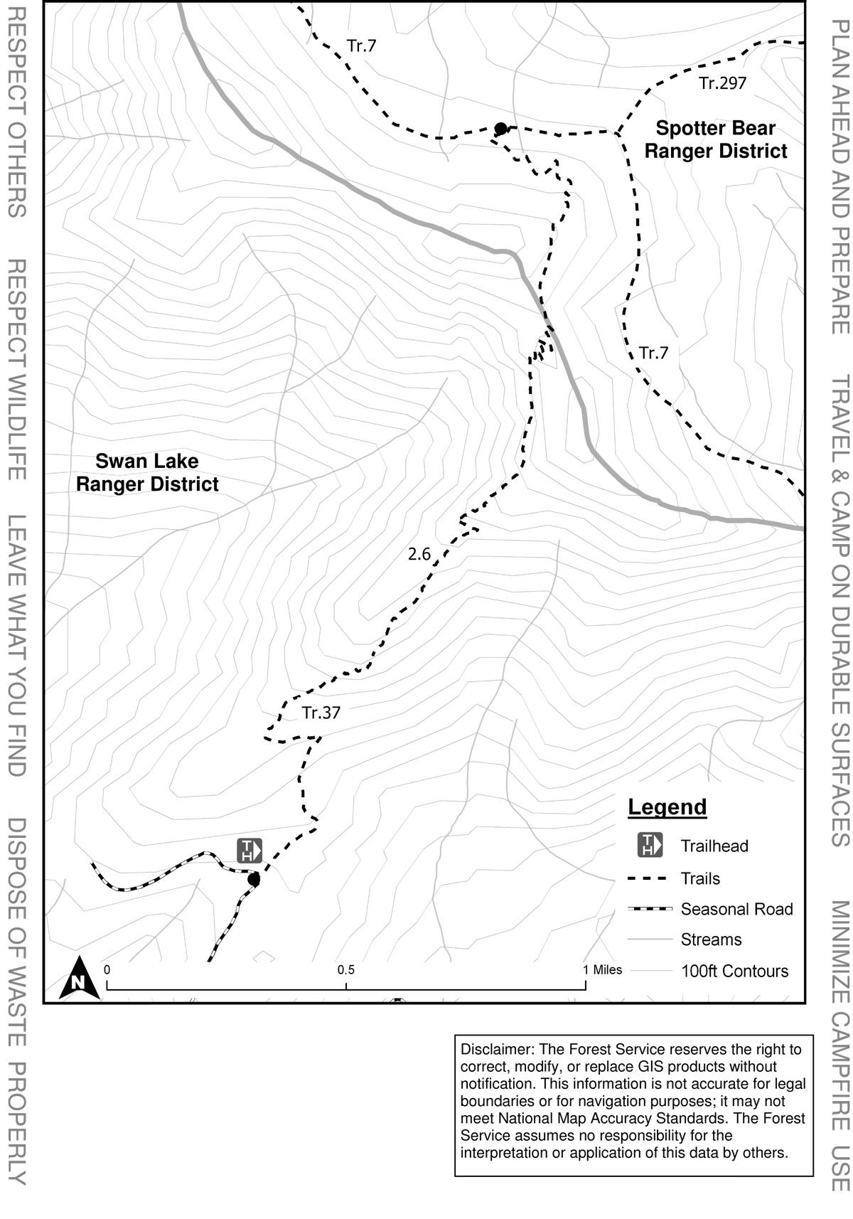 Map of the Swan Lake Ranger District, featuring trails, seasonal roads, and contour lines. Includes markings for trailheads and labeled trails such as Tr.7, Tr.297, and Tr.37. The map also contains a north arrow and disclaimers regarding the accuracy of the information presented. Peters Ridge Trail #37 mountain bike trail.
