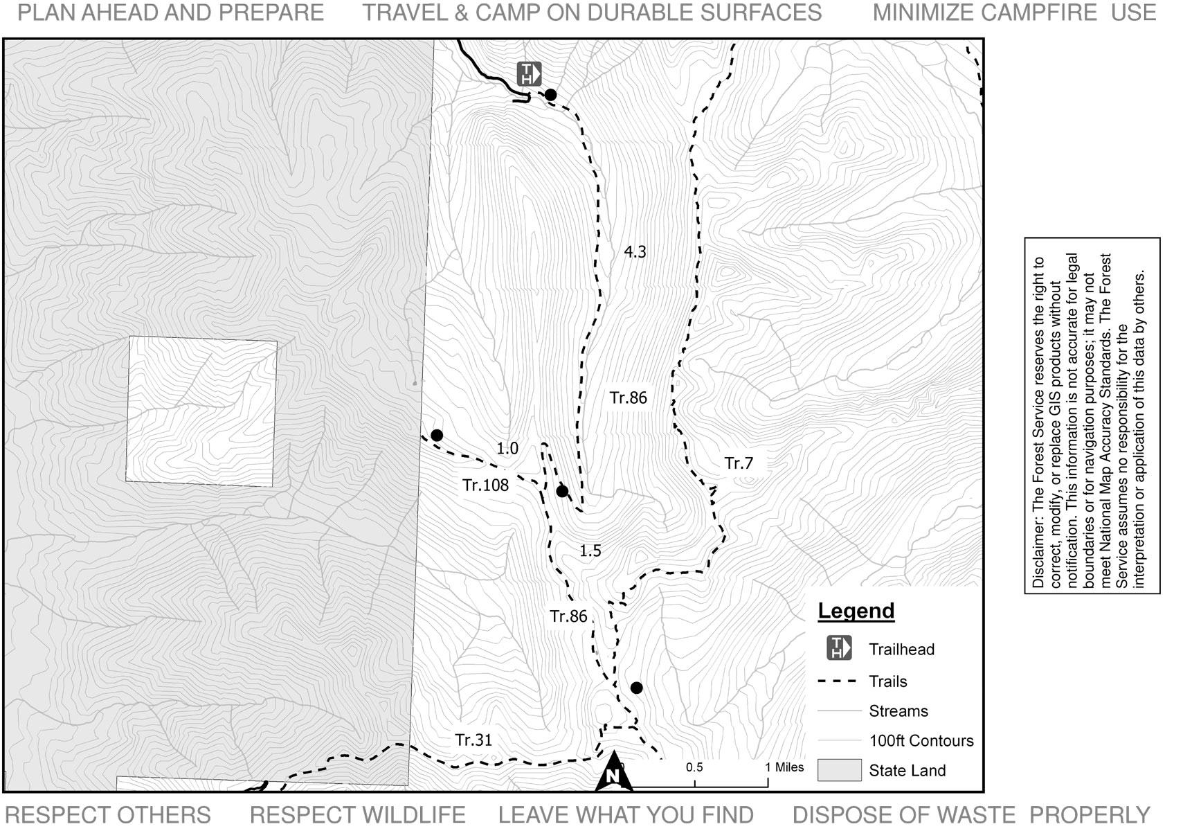 Map displaying hiking trails, contour lines, and natural features. Includes a trailhead symbol, trail designations (Tr. 7, Tr. 31, Tr. 86, Tr. 108), distances marked along the trails, and notes on responsible outdoor practices. Also features a legend with symbols for trails, streams, and state land. South Lost Creek Trail #86 mountain bike trail.