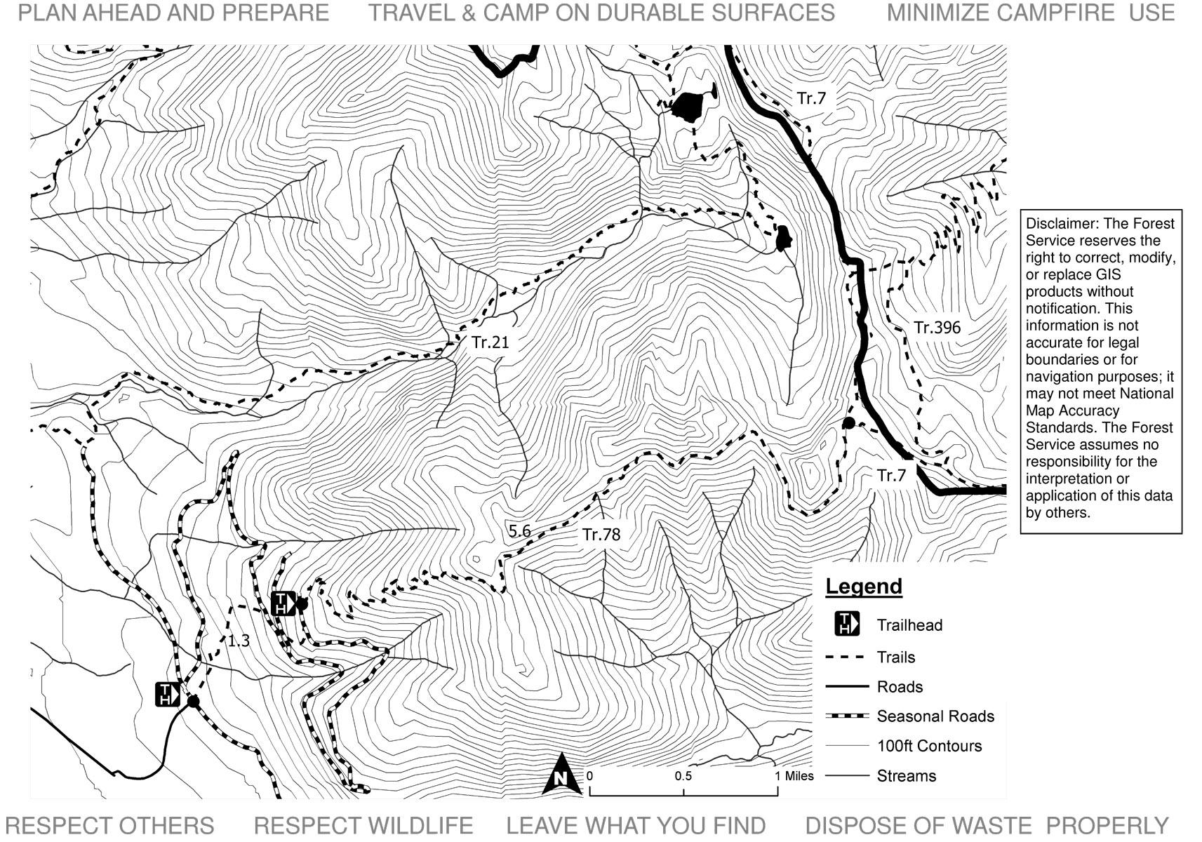A black and white topographic map showing trails, roads, and geographical features. The map includes contour lines, trailhead markings, and a legend indicating the different types of pathways and landmarks. Text at the top emphasizes planning and safety measures for camping and travel. A disclaimer about the accuracy of the information is provided in the corner. Wire Trail #78 mountain bike trail.