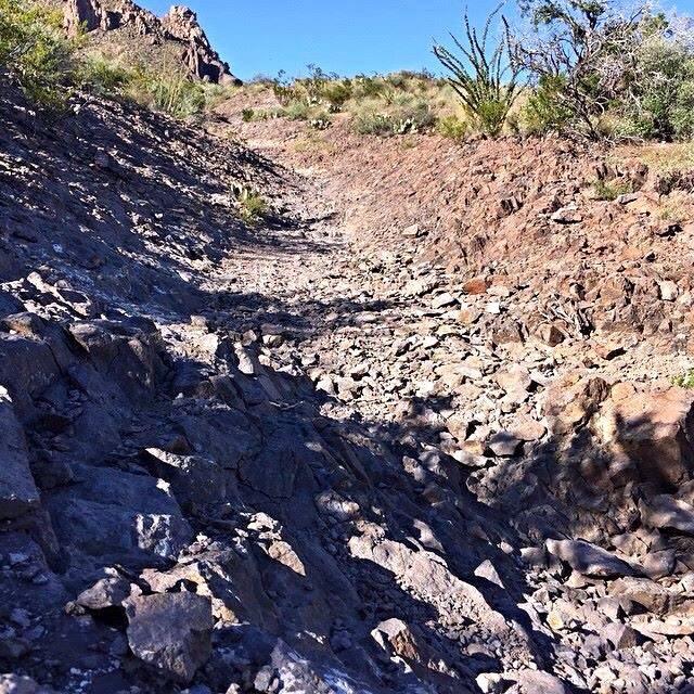Rocky, dry creek bed surrounded by sparse vegetation and rocky terrain under a clear blue sky. The path is lined with stones and gravel, indicating a rugged, natural landscape. Dona Ana mountain bike trail.