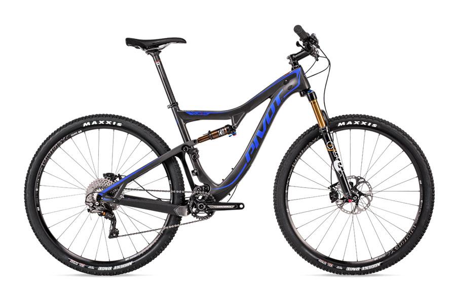 Pivot Mach 429SL Carbon: A high-performance mountain bike featuring a black and blue frame, equipped with front and rear suspension, dual hydraulic disc brakes, and Maxxis tires. The bike has a sleek design and is ideal for off-road cycling.