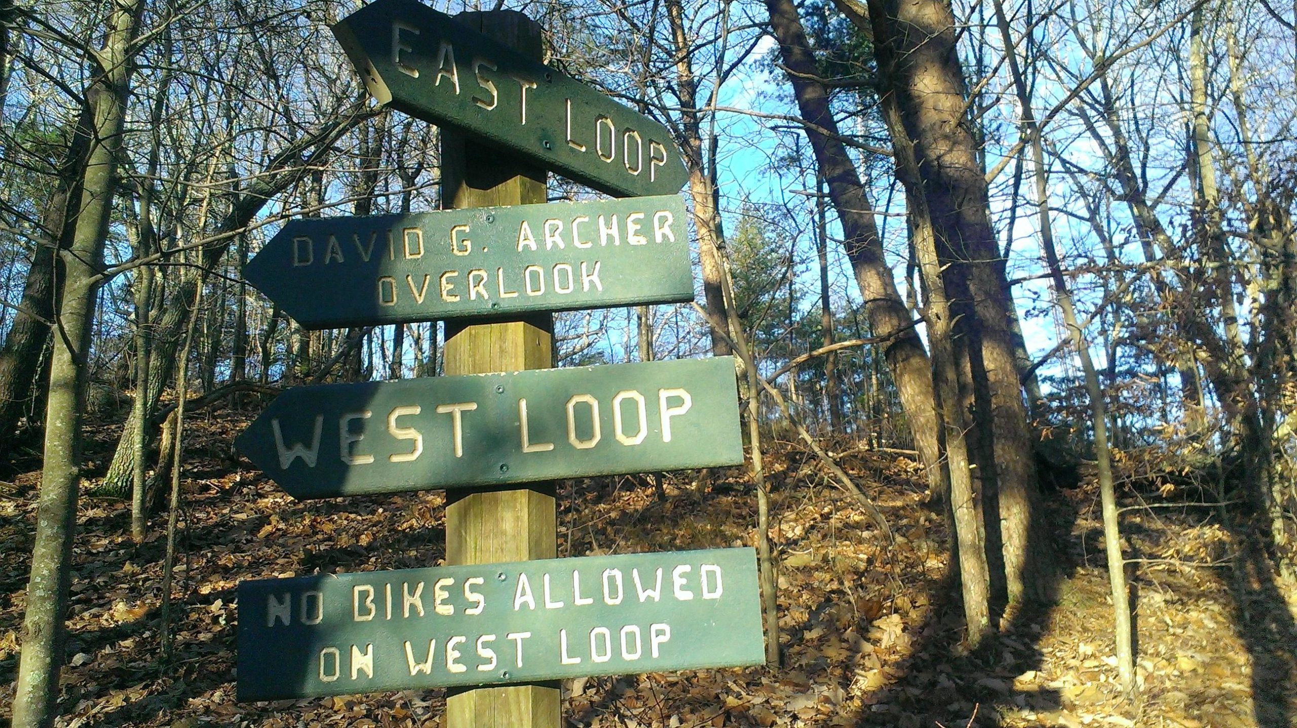Wooden directional signs in a forested area indicating hiking trails: "East Loop," "David G. Archer Overlook," "West Loop," and a note stating "No Bikes Allowed on West Loop." The background features trees and a clear blue sky. Pine Mountain Recreation Area mountain bike trail.