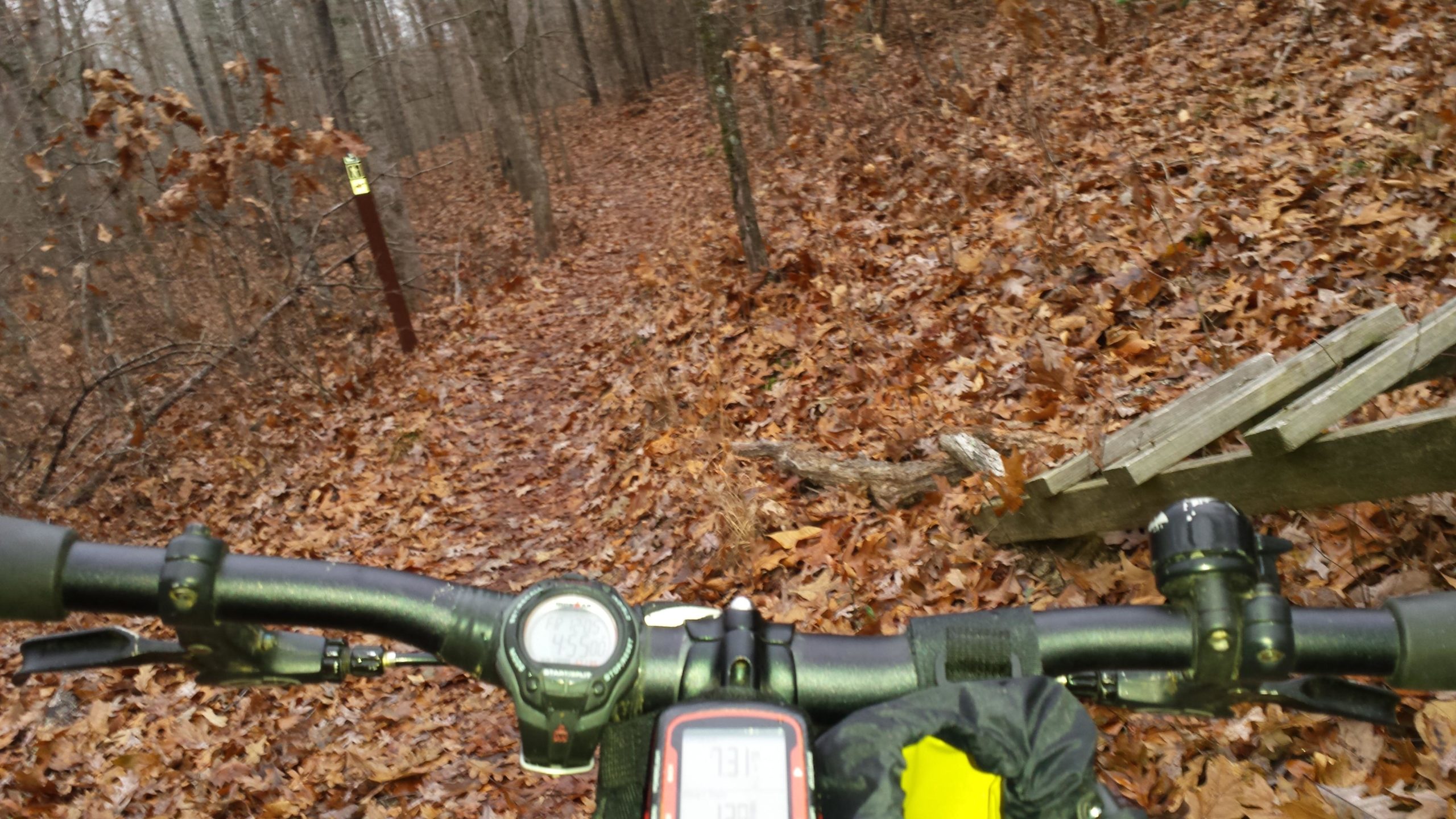 A close-up view of a mountain bike handlebar on a leaf-covered forest trail, with a trail marker visible in the background. The bike's display shows the speed and other metrics, while the ground is covered in fallen leaves, indicating an autumn setting. A wooden structure is partially visible on the right side of the image. Harbins Park mountain bike trail.