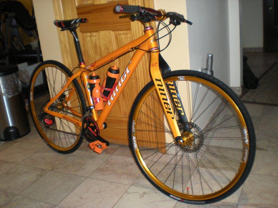 Gary Fisher Rig 29er: A vibrant orange bicycle with gold accents and two water bottle holders, positioned against a wooden door in a well-lit indoor space. The bike features thin tires, a sleek frame, and a disc brake system.